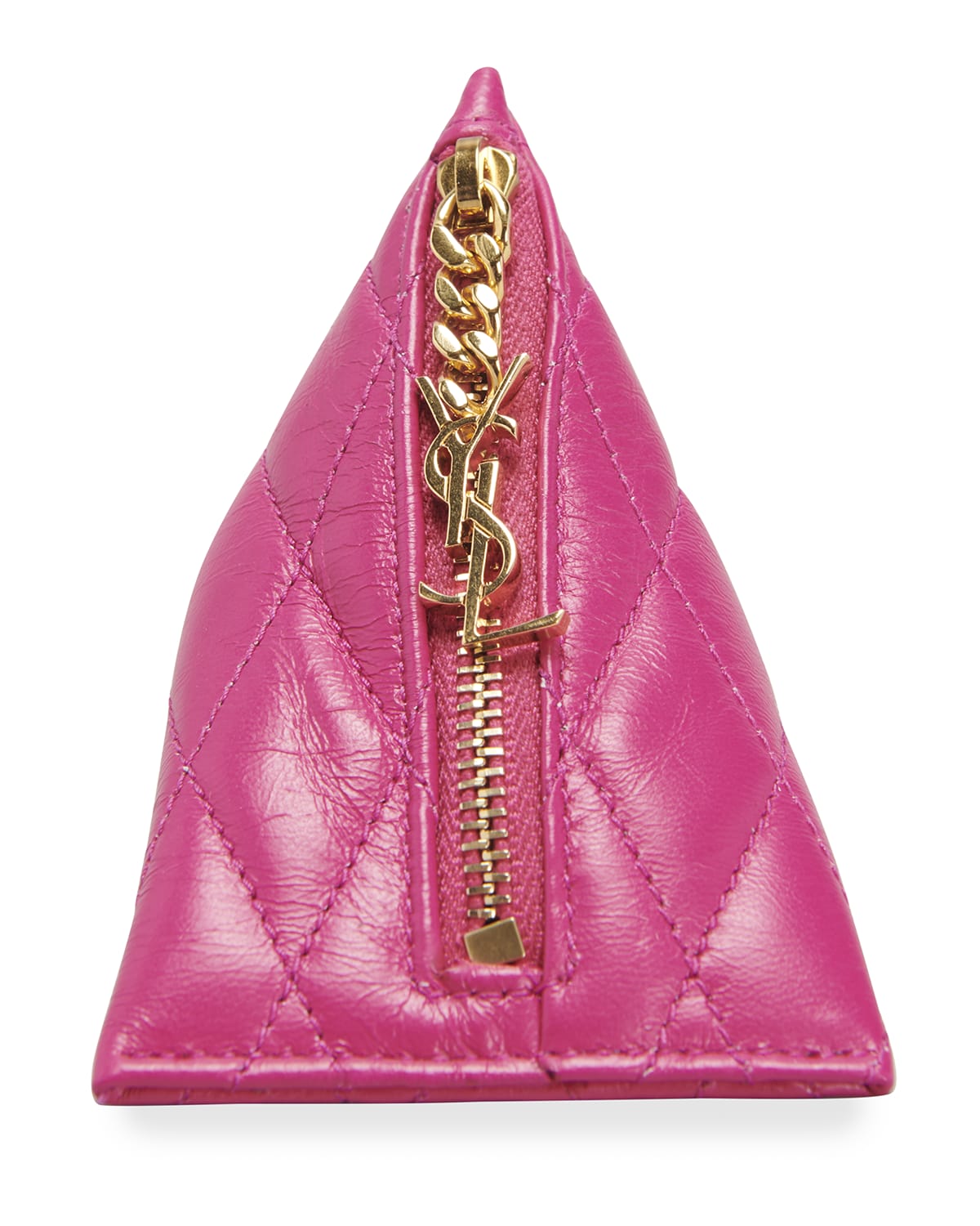 $495 Saint Laurent YSL Triangle Keychain Key Pouch Quilted Leather Metallic  Pink