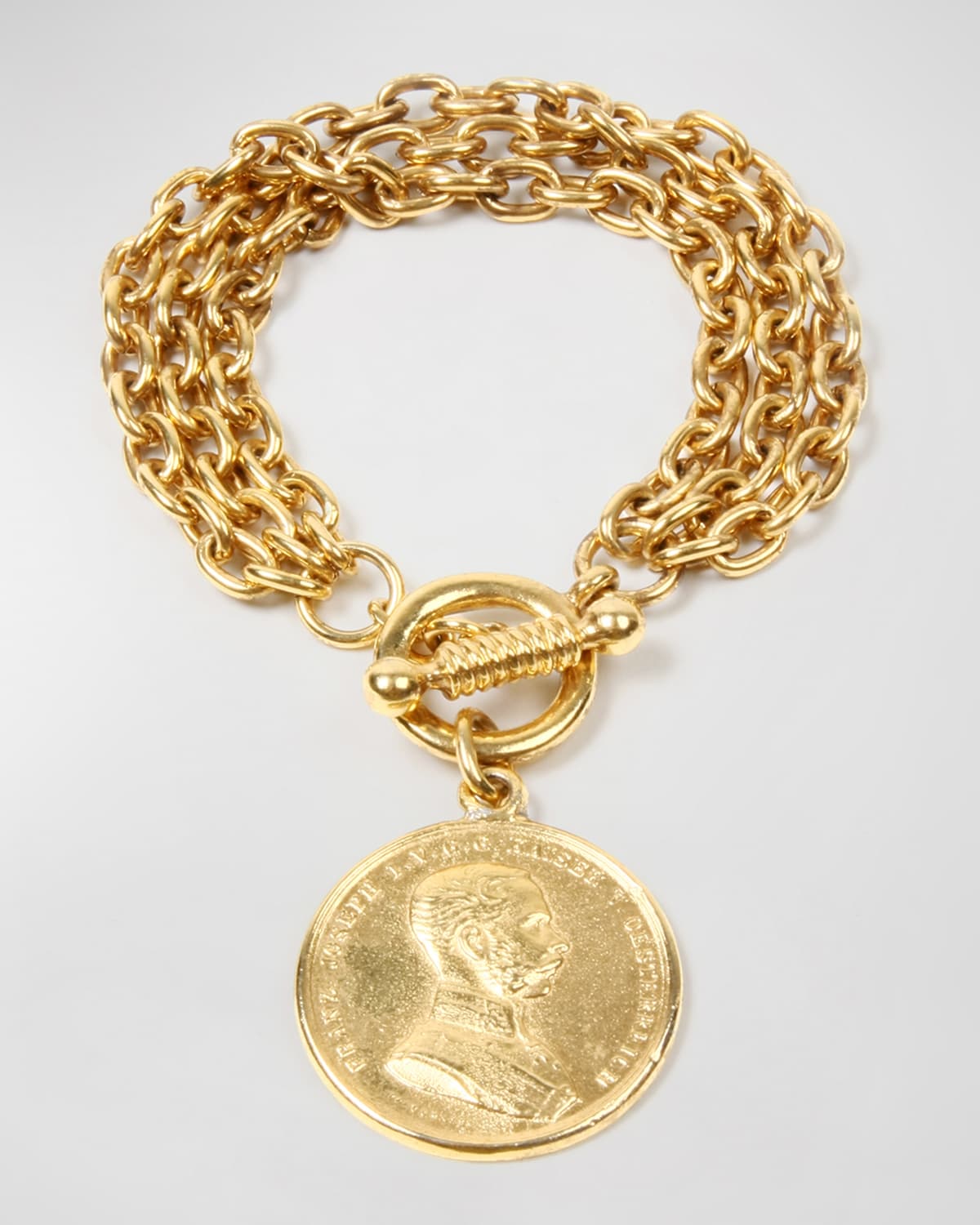 Ben-Amun Gold Triple-Row Chain Bracelet w/ Coin Pendant