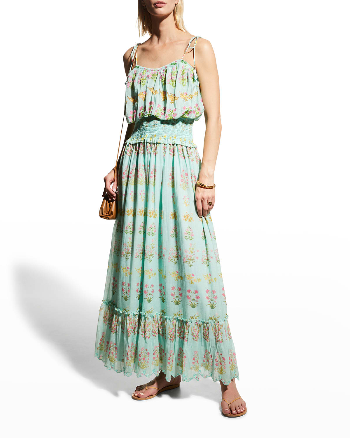 Hemant & Nandita Cotton Gauze Floral Maxi Dress In Sea Green ModeSens