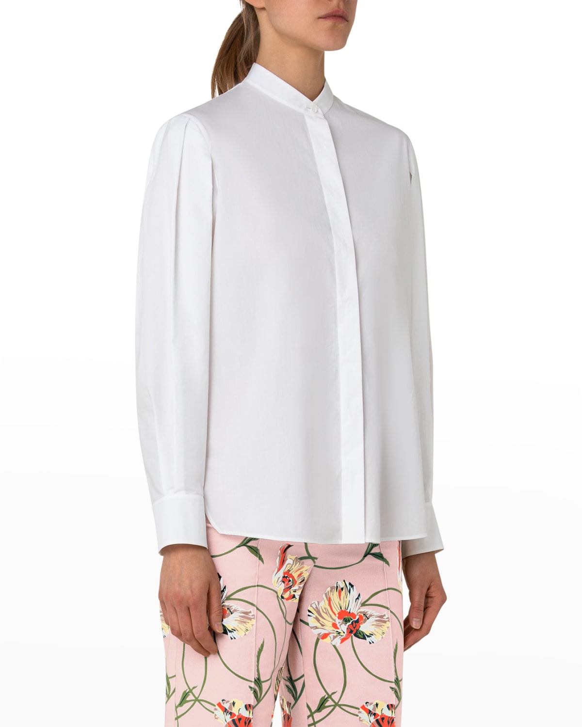 Patterned Balloon Sleeve Detail Mandarin Collar Blouse