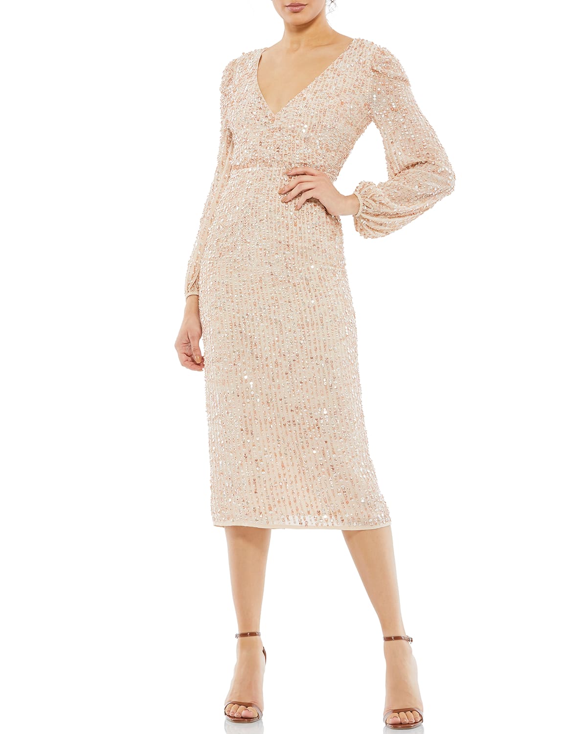 Mac Duggal Sequin Surplice Faux Wrap V Neck Blouson Sleeve Dress In Nude