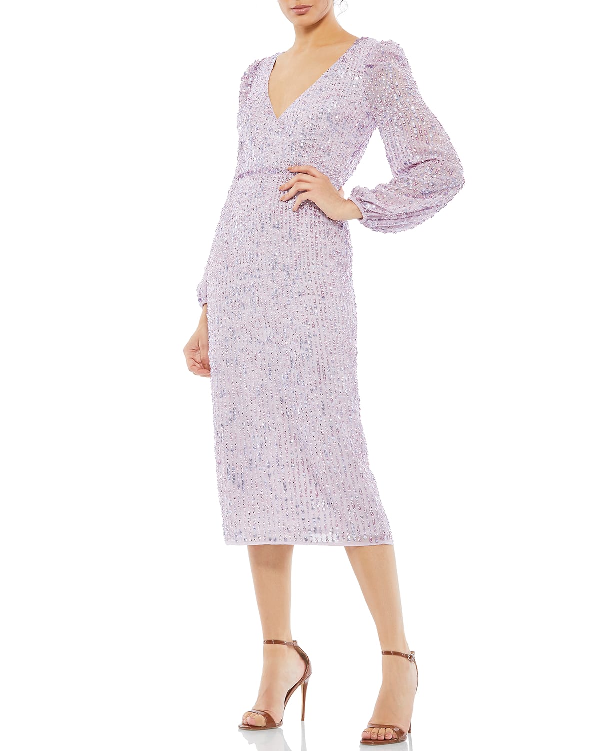 Mac Duggal Blouson Sleeve Sequined Surplice Midi Dress In Lavender