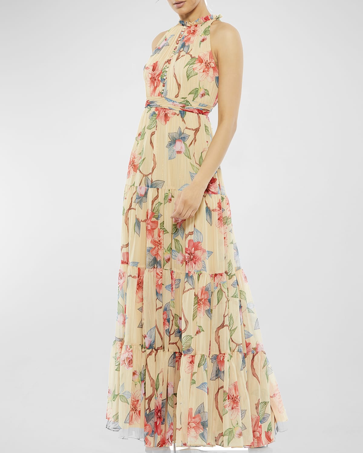 Ieena For Mac Duggal High-neck Floral Chiffon Gown In Nude Multi | ModeSens