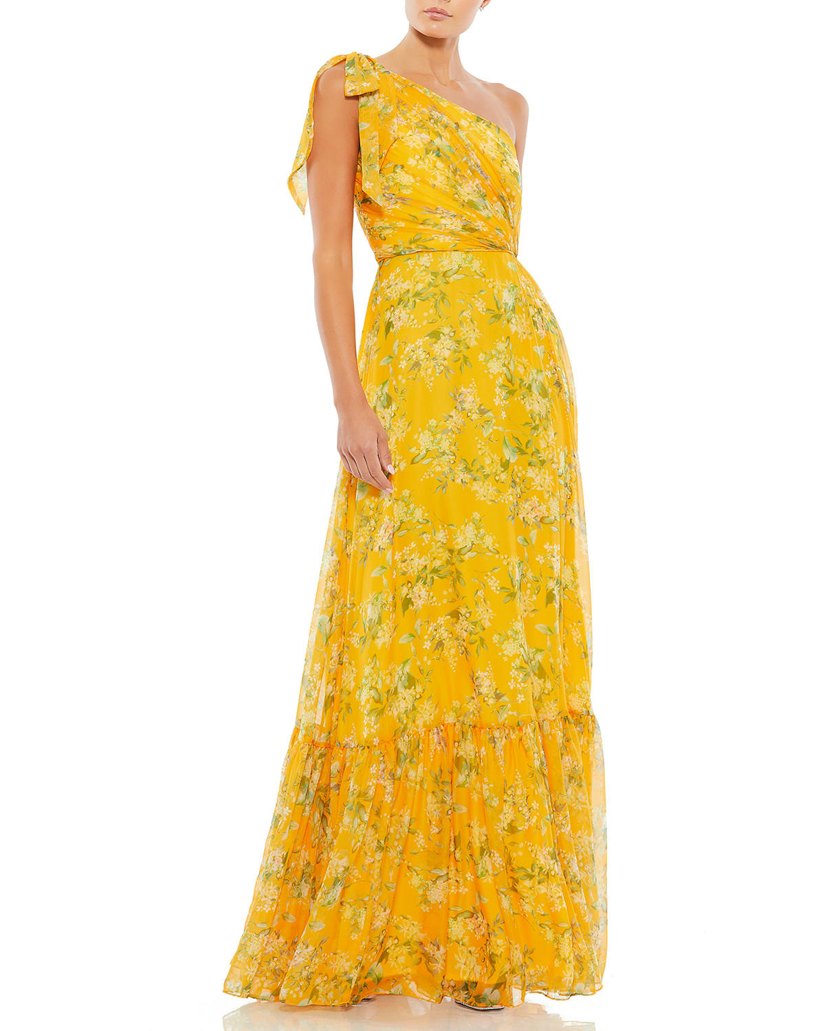 Ieena For Mac Duggal Floral Chiffon One-shoulder Ruffle Gown In Yellow