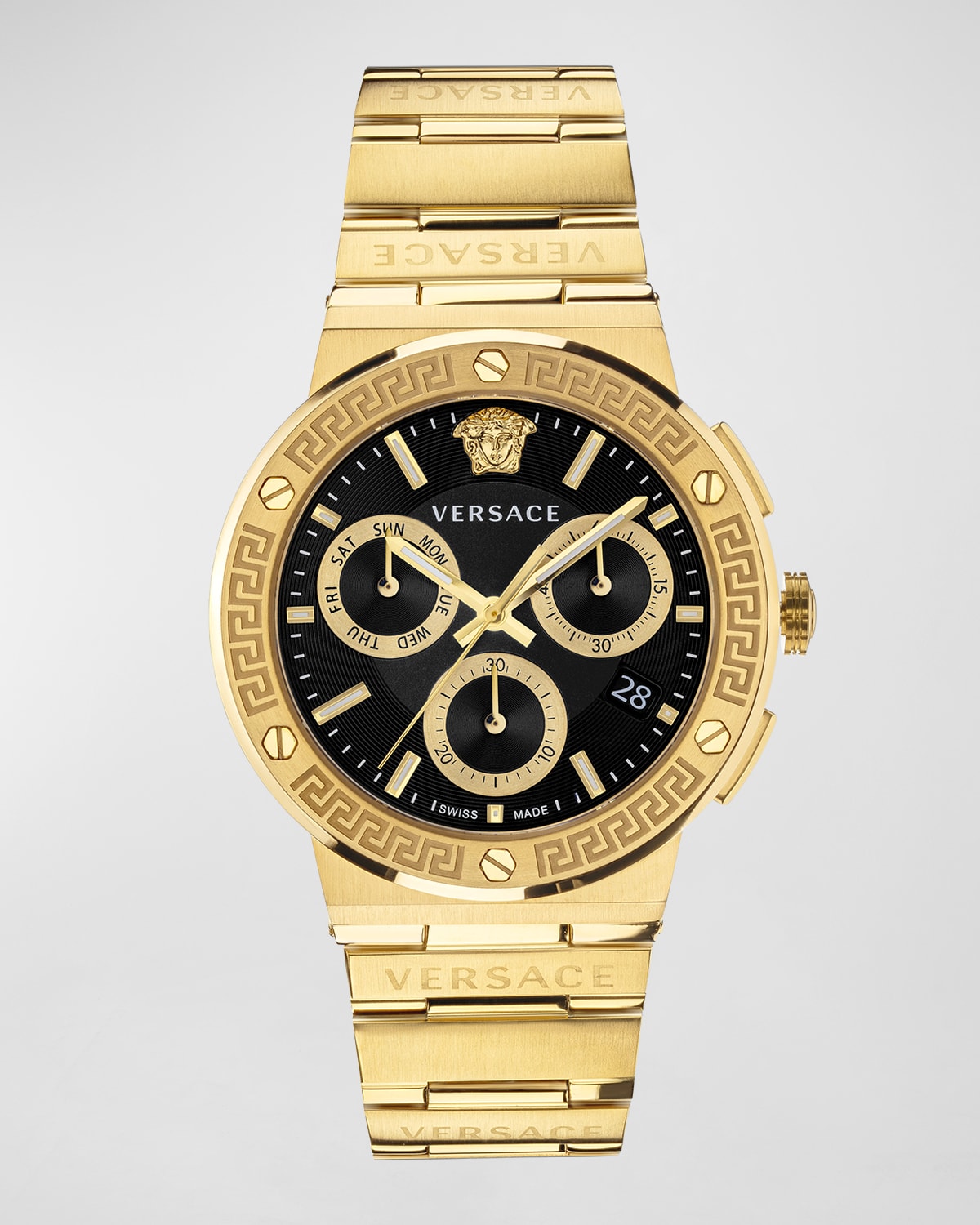 Versace Greca Logo Chrono Ip Yellow Gold Chronograph Bracelet Watch In