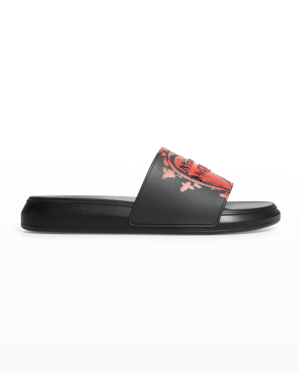 Alexander Mcqueen Men's Heart-print Logo Pool Slide Sandals In Blackred