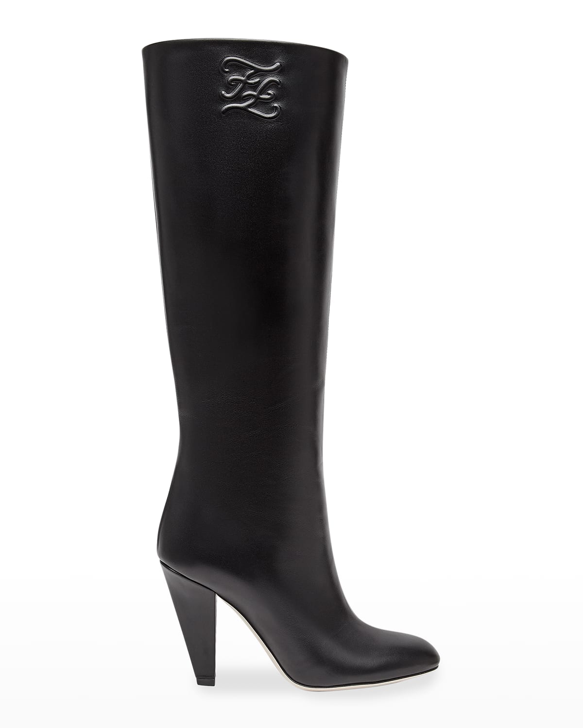 Fendi Karligraphy Logo-embossed Leather Knee Boots In Nero