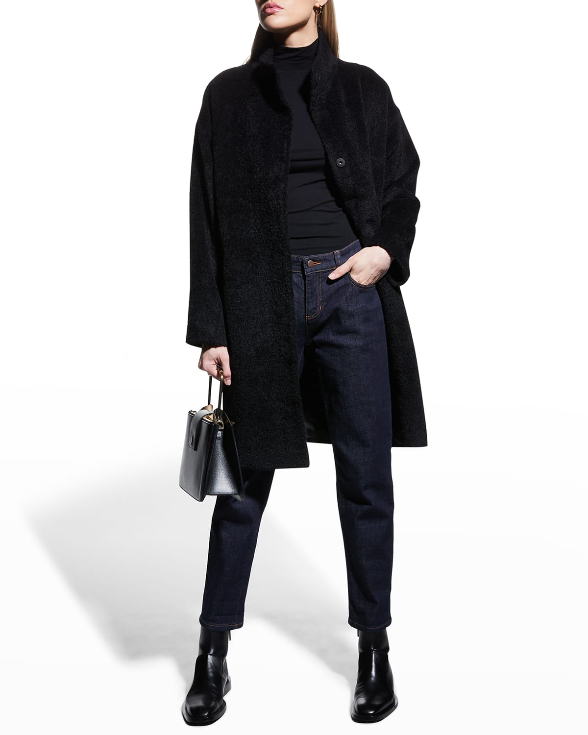 Eileen Fisher Sheared Suri Alpaca-blend Long Jacket In Black