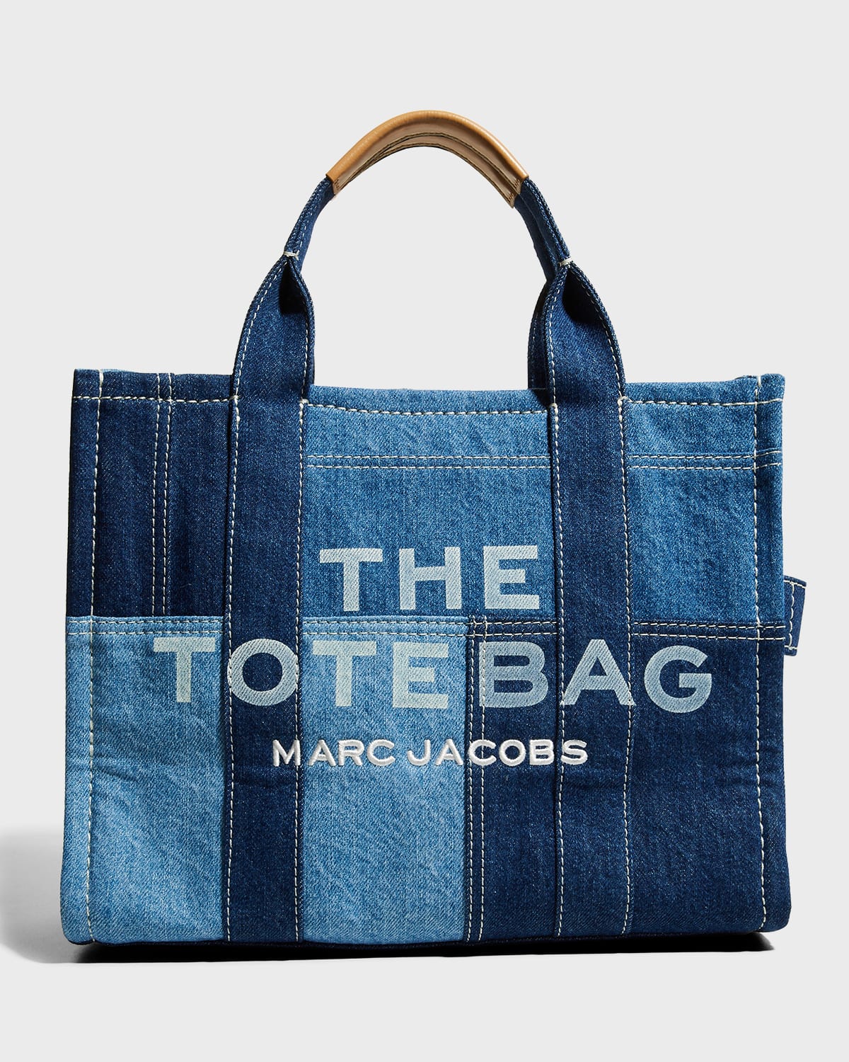 Marc Jacobs Small Traveler Patchwork Denim Tote Bag In Blue Denim