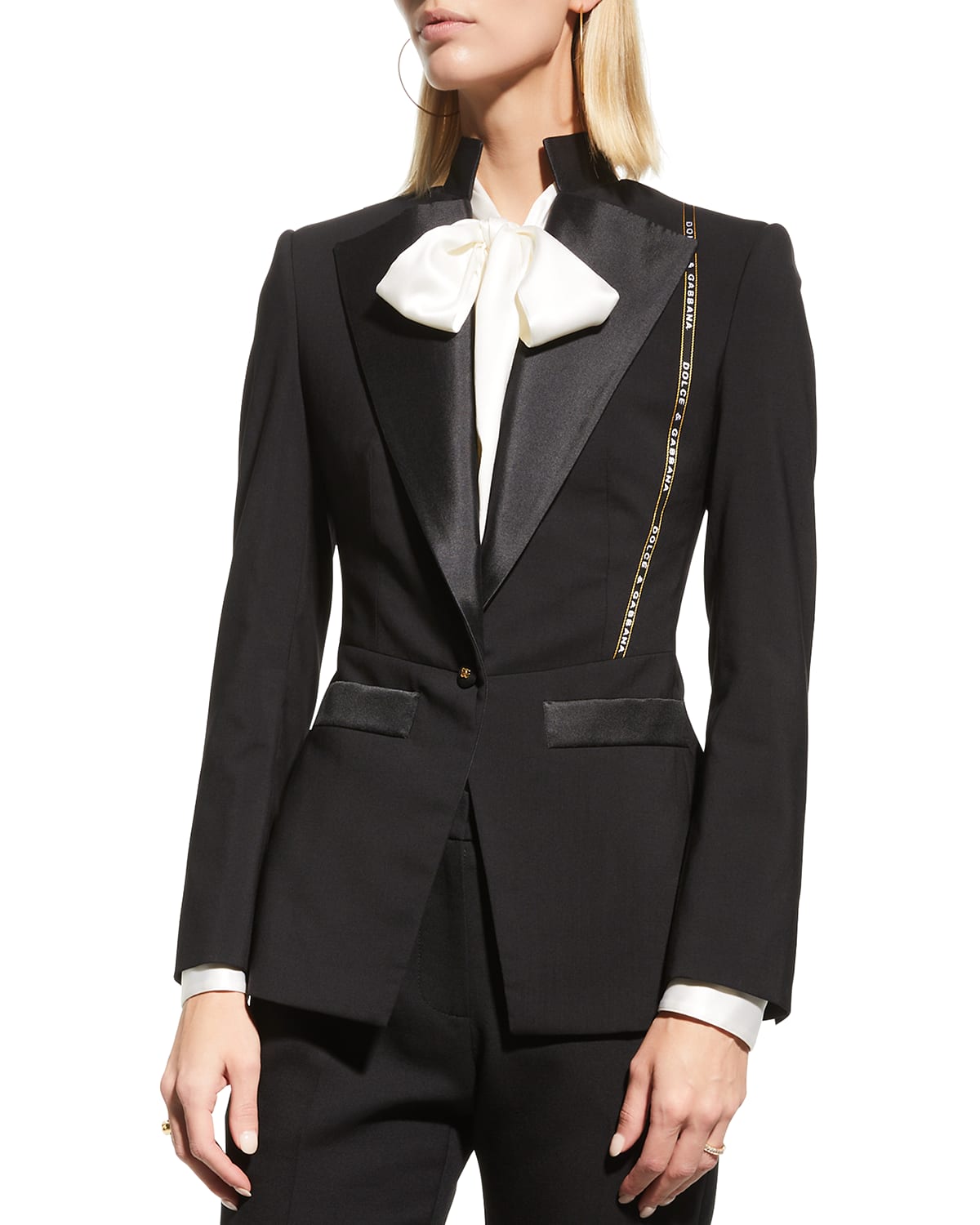 Dolce & Gabbana Mixed-media Logo Tape Tuxedo Jacket In Black