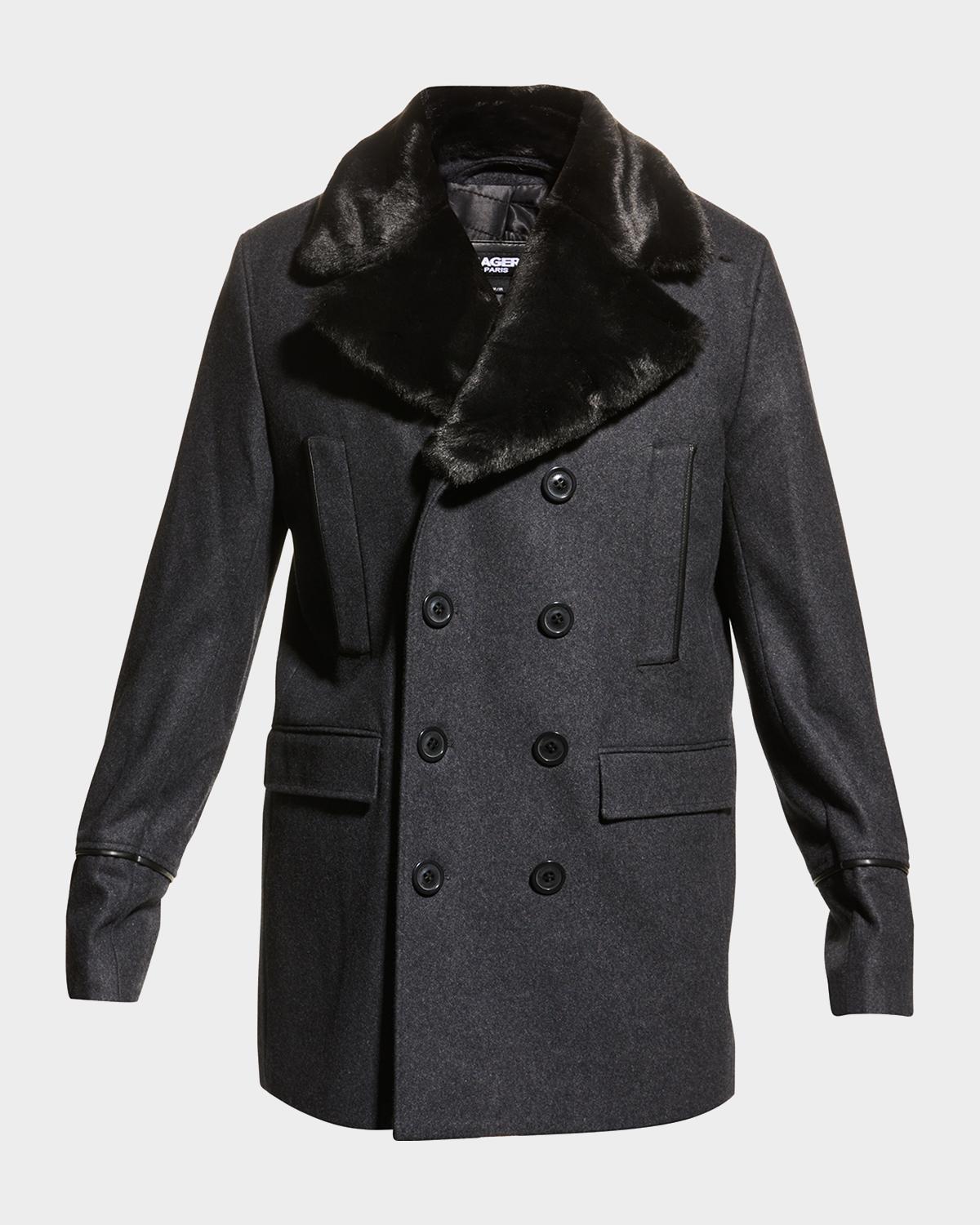 Karl Lagerfeld Paris Men's Wool Peacoat w/ Faux Fur Collar