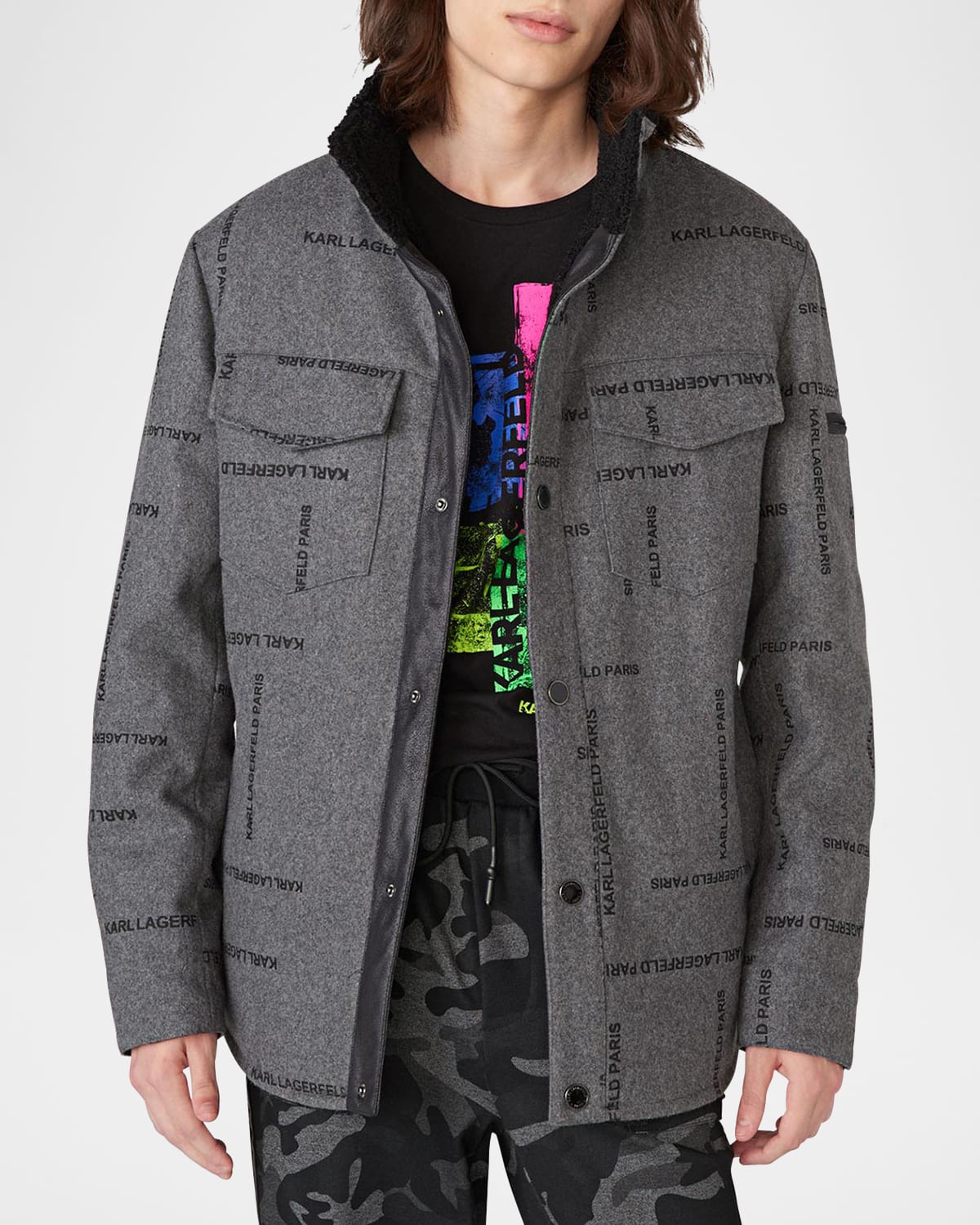 Karl Lagerfeld Paris Men's Sherpa-Lined Logo Shirt Jacket
