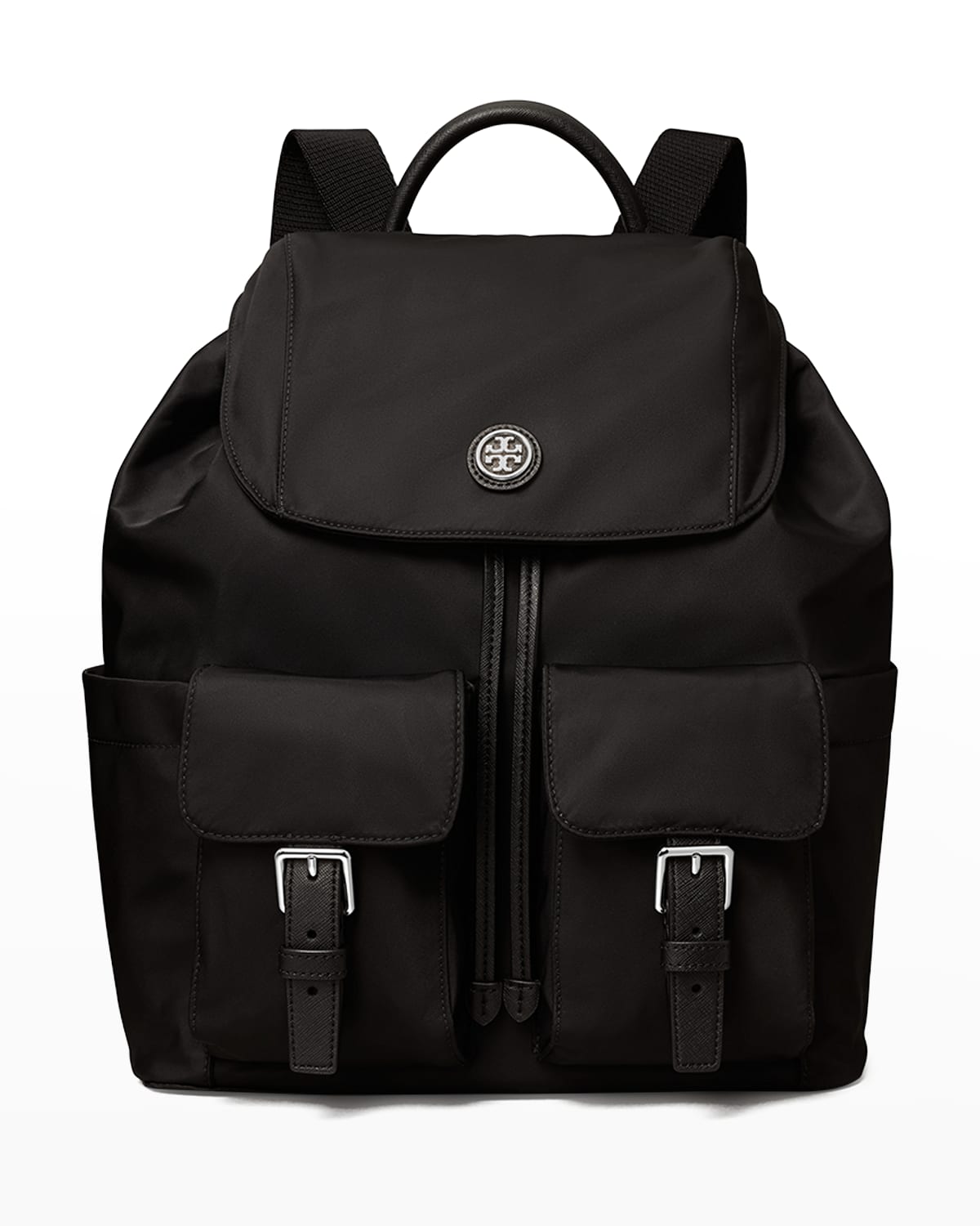Flap Nylon Drawstring Backpack In Black