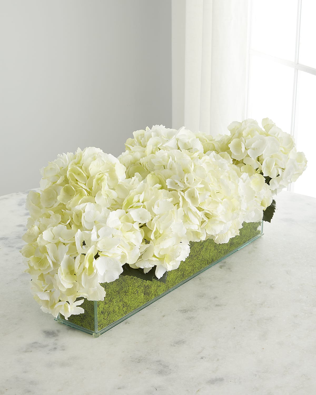 T & C Floral Company Faux Floral White Hydrangeas In Rectangular Glass Box