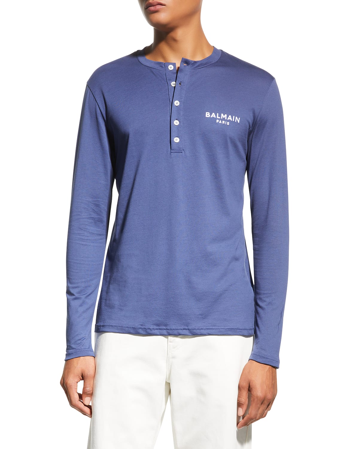 Balmain Men's Jersey Logo Henley Shirt In Navy Blue