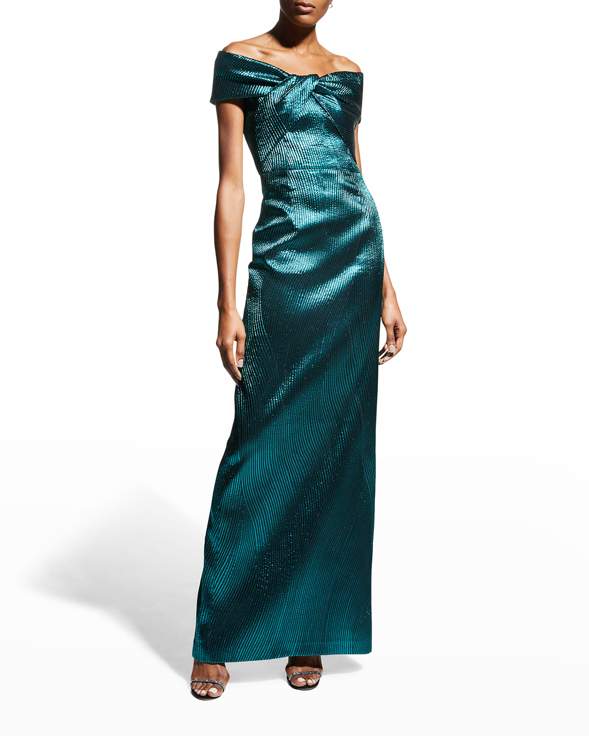 Rickie Freeman For Teri Jon Metallic Ribbed Jacquard Off-shoulder Gown ...