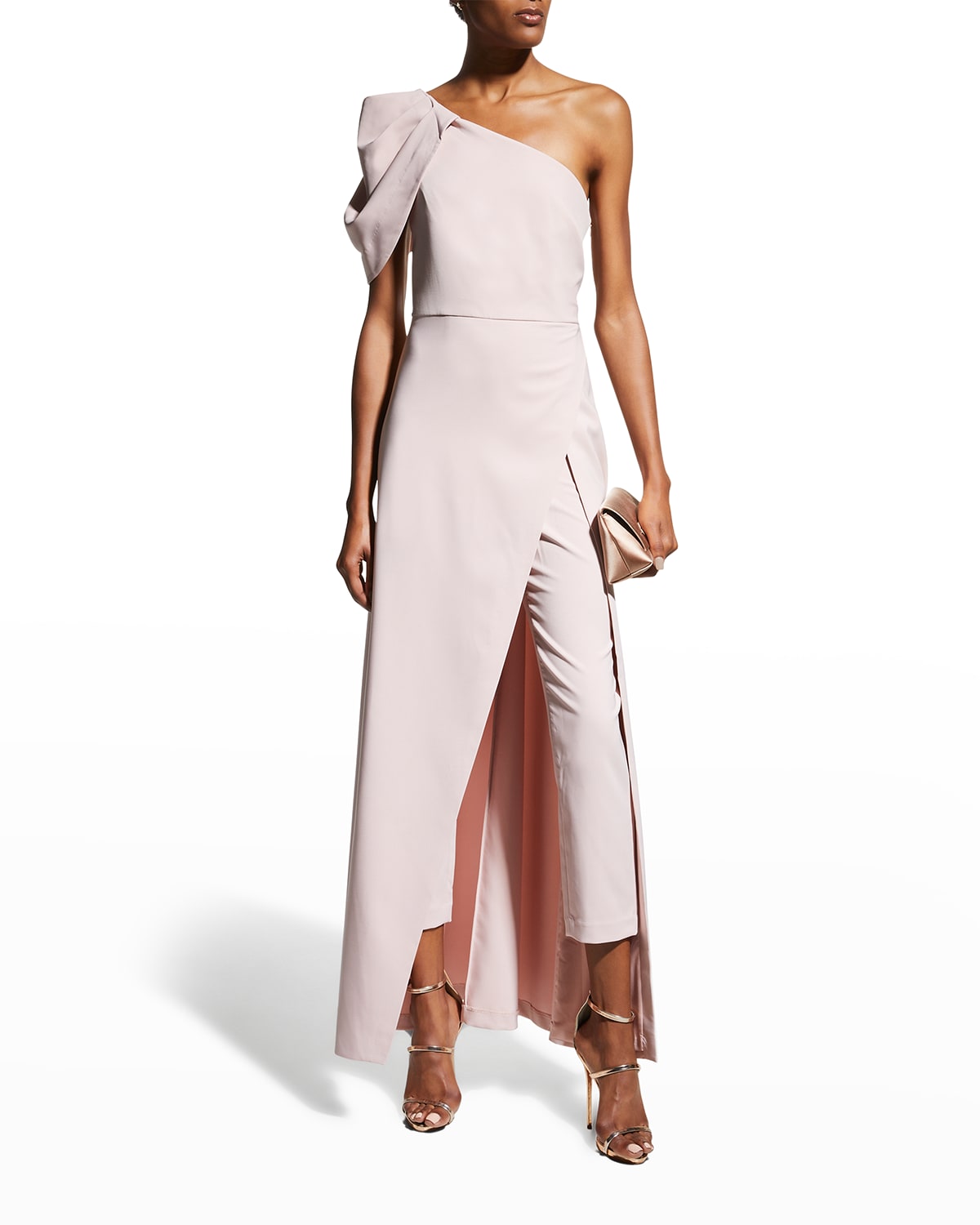 Kay Unger Bijou One-shoulder Walk-thru Jumpsuit In Pale Blush