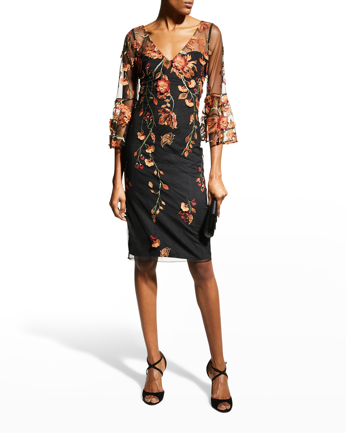 MARCHESA NOTTE FLORAL-EMBROIDERED BELL-SLEEVE DRESS,PROD245560340