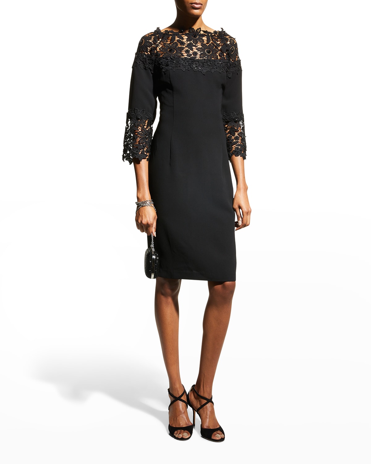 Shani Floral Lace & Crepe Sheath Dress In Black ModeSens