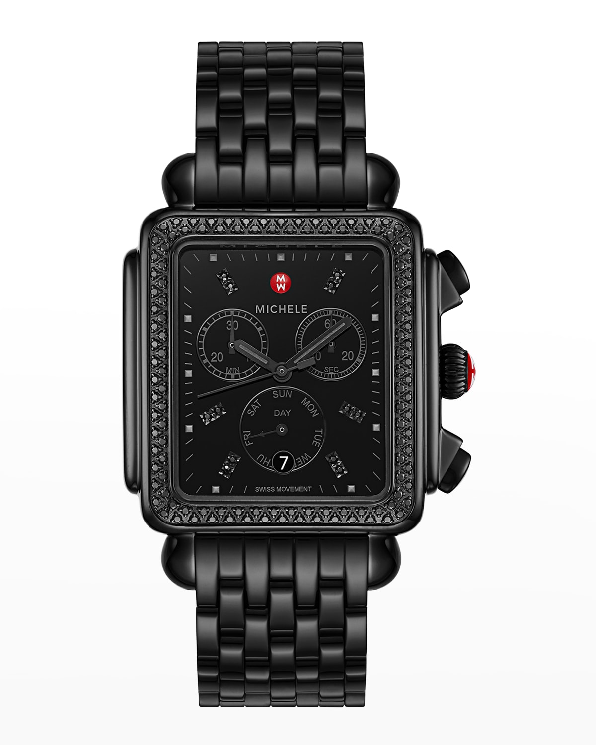 Michele Deco Xl Stainless Steel & Diamond Bracelet Watch In Black/black