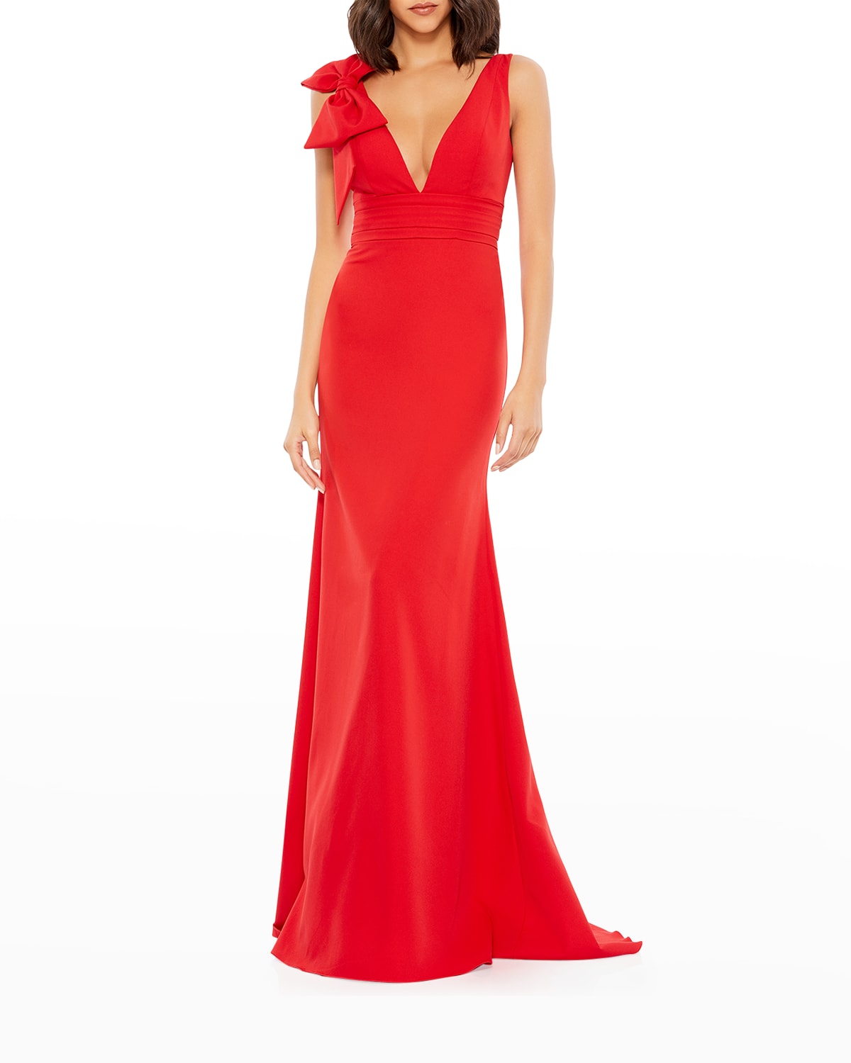 Mac Duggal Sleeveless V Neck Bow Detail Mermaid Gown In Red
