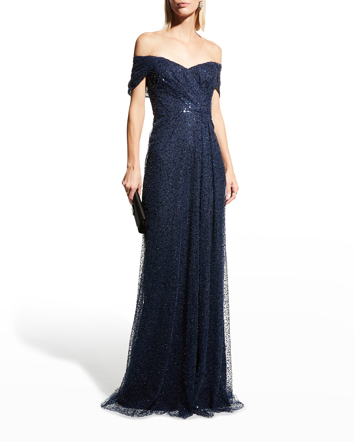 Rickie Freeman For Teri Jon Beaded Tulle Draped Off-shoulder Gown In