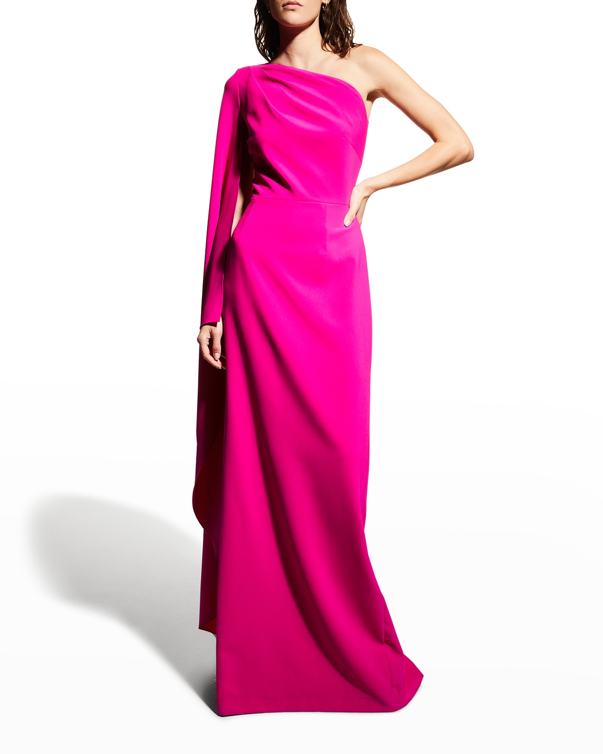 Shop Rickie Freeman For Teri Jon Cape-sleeve One-shoulder Crepe Gown In Hot Pink