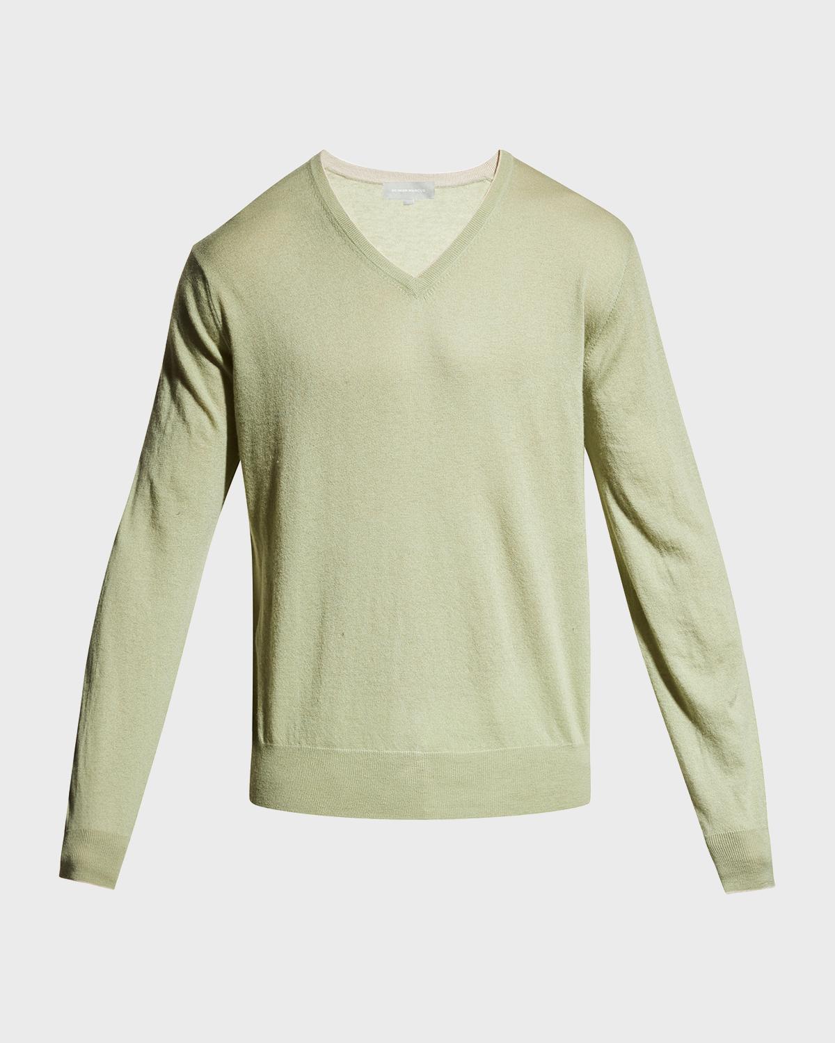 Neiman Marcus Men's Extra Lightweight Wool-Cashmere V-Neck Sweater