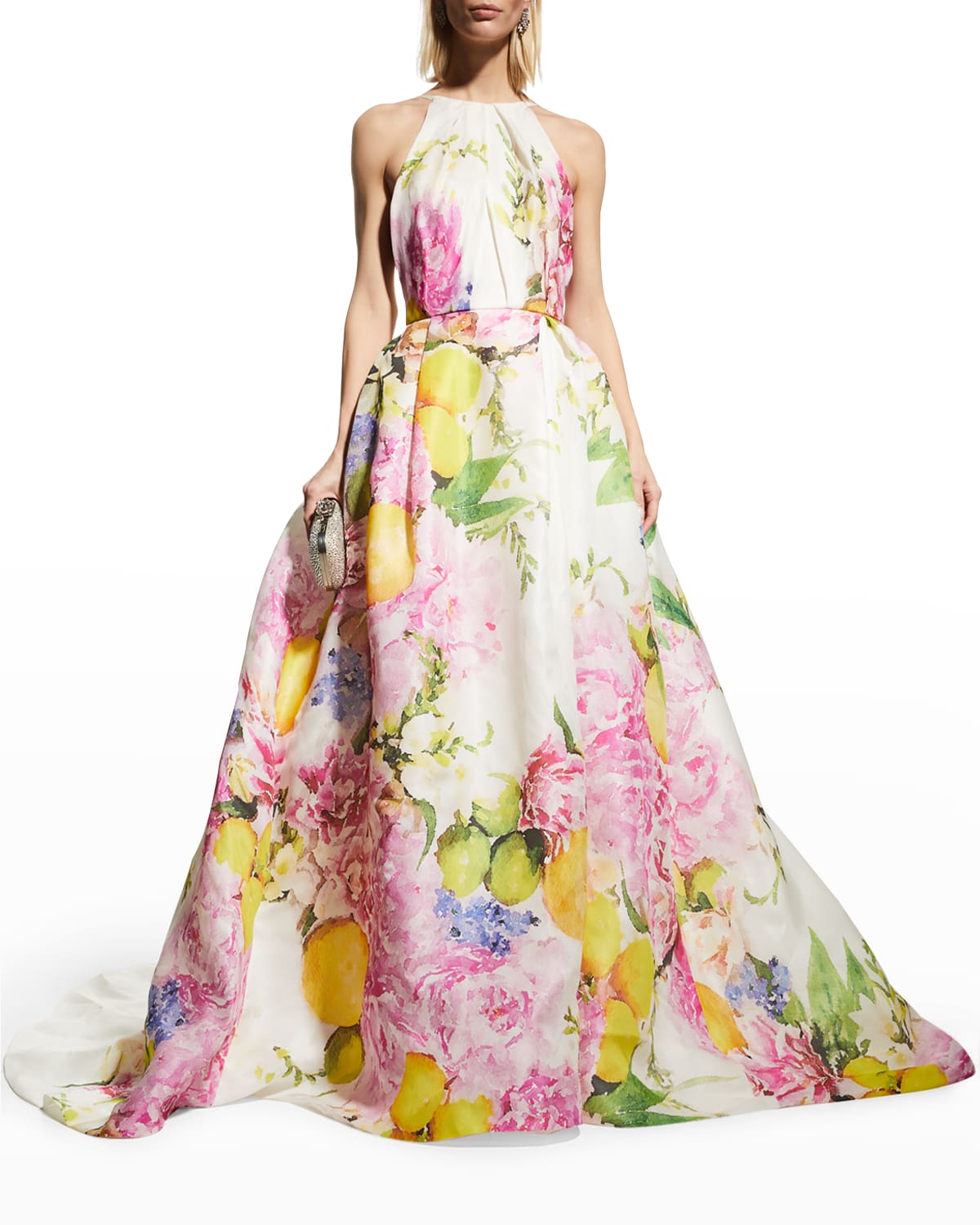 floral embellished halter satin ball gown