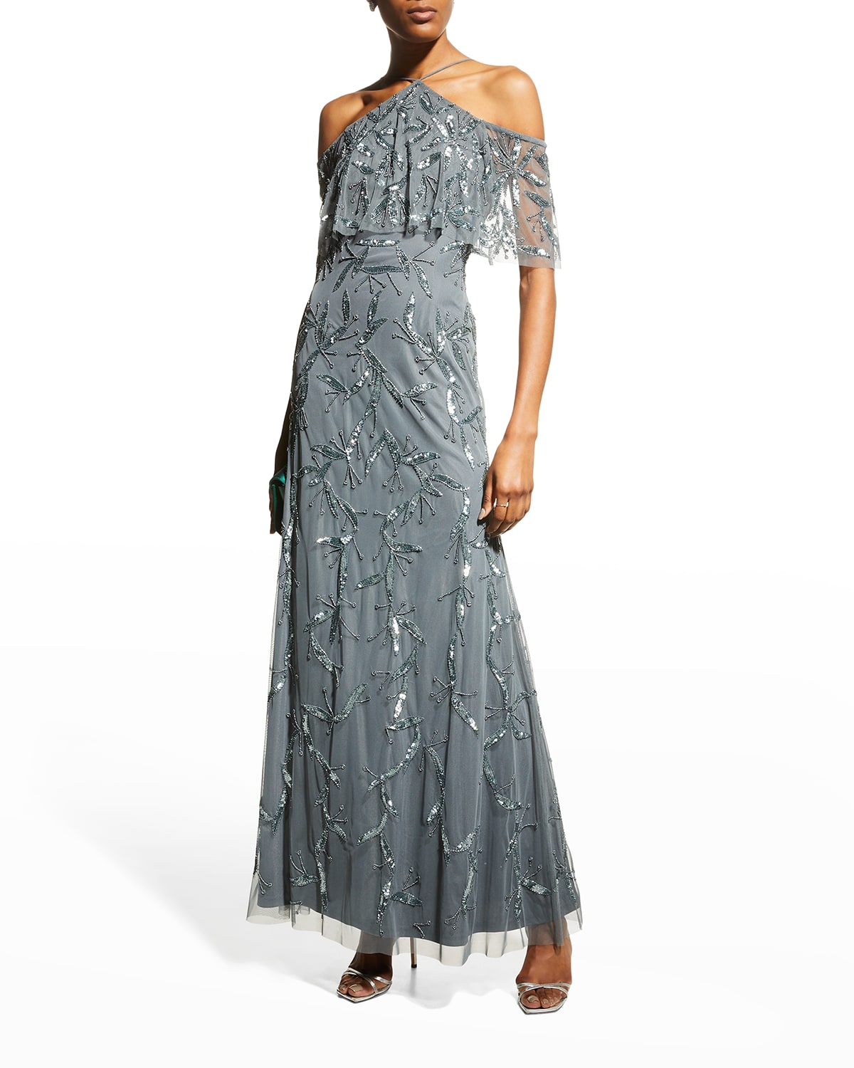 Aidan Mattox Cold-shoulder Beaded Halter Gown In Blue Slate ModeSens