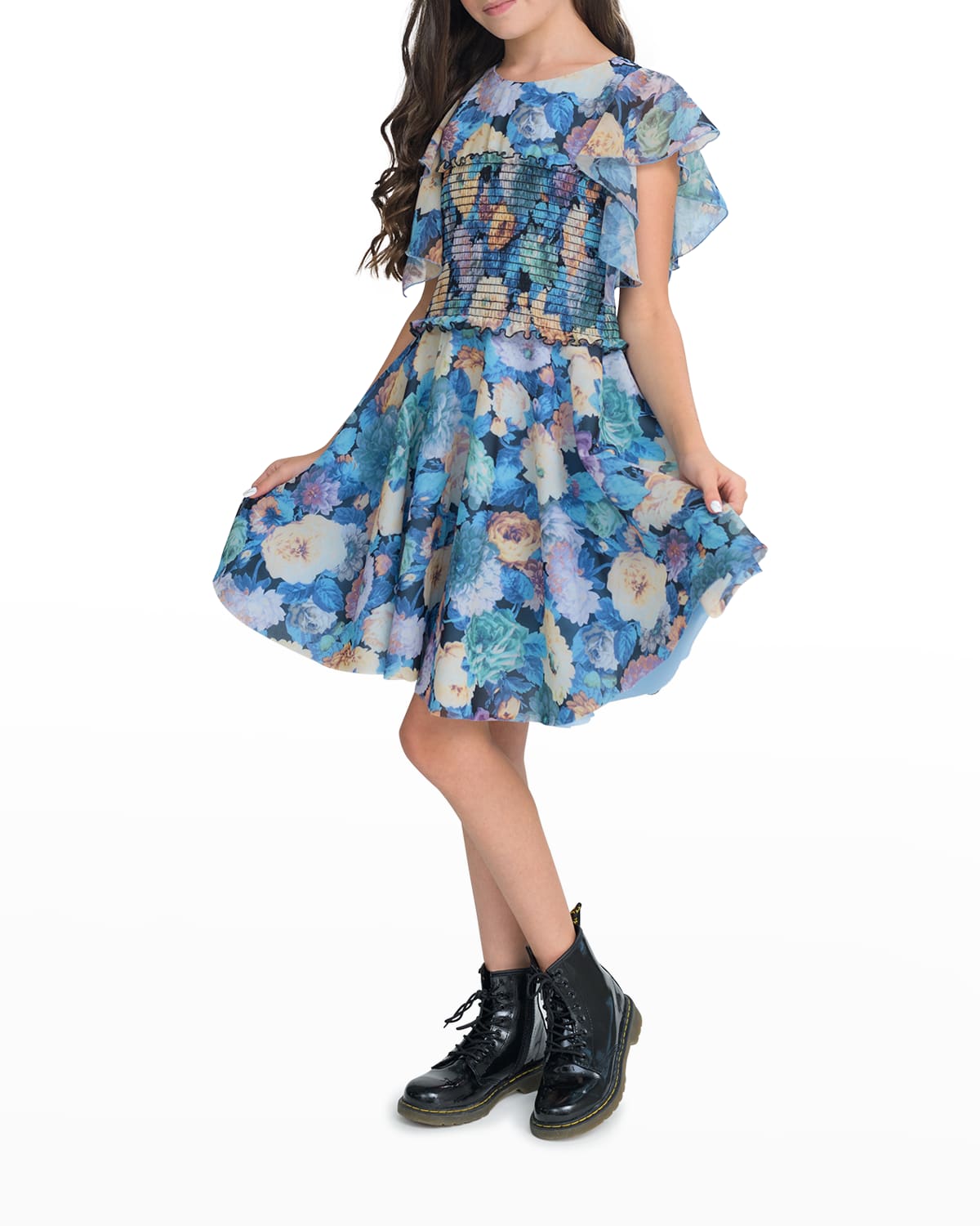 Girls Butterfly Denim Floral Lace Sleeveless Strappy Party Dresses 2-11 Years