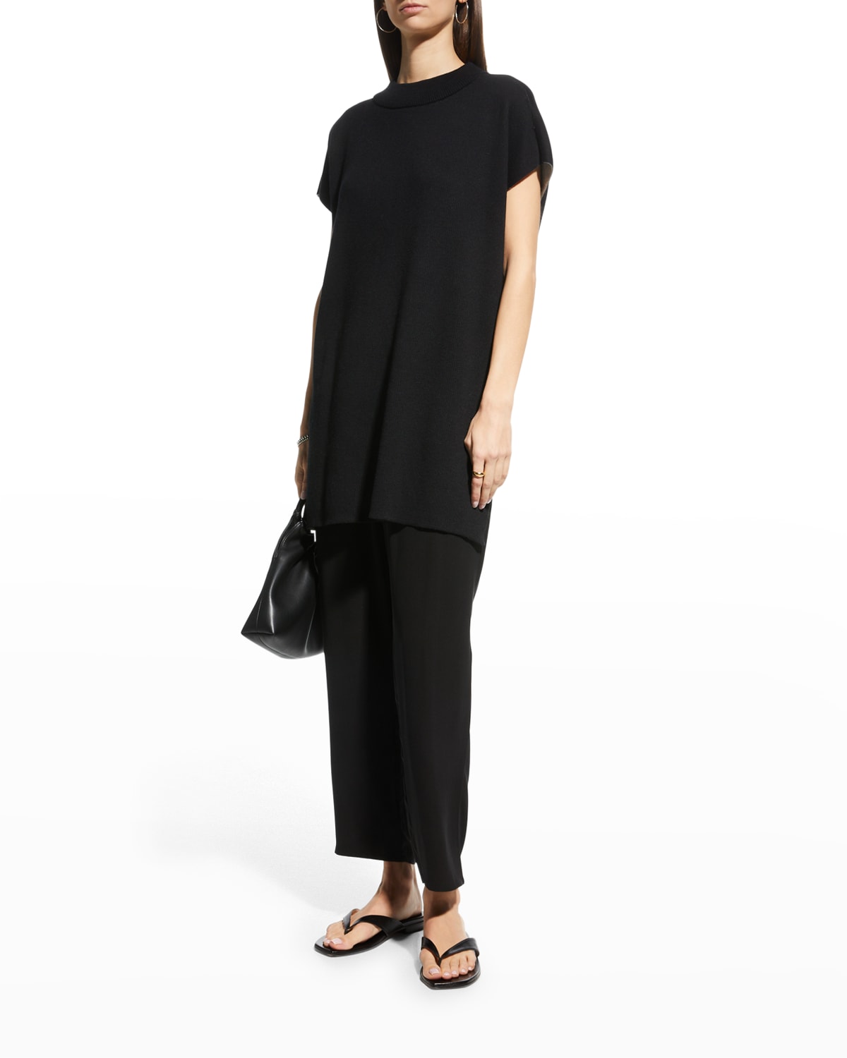 Eileen Fisher Black Bateau Neck Split Sleeve Silk Georgette Blouse Top M L XL