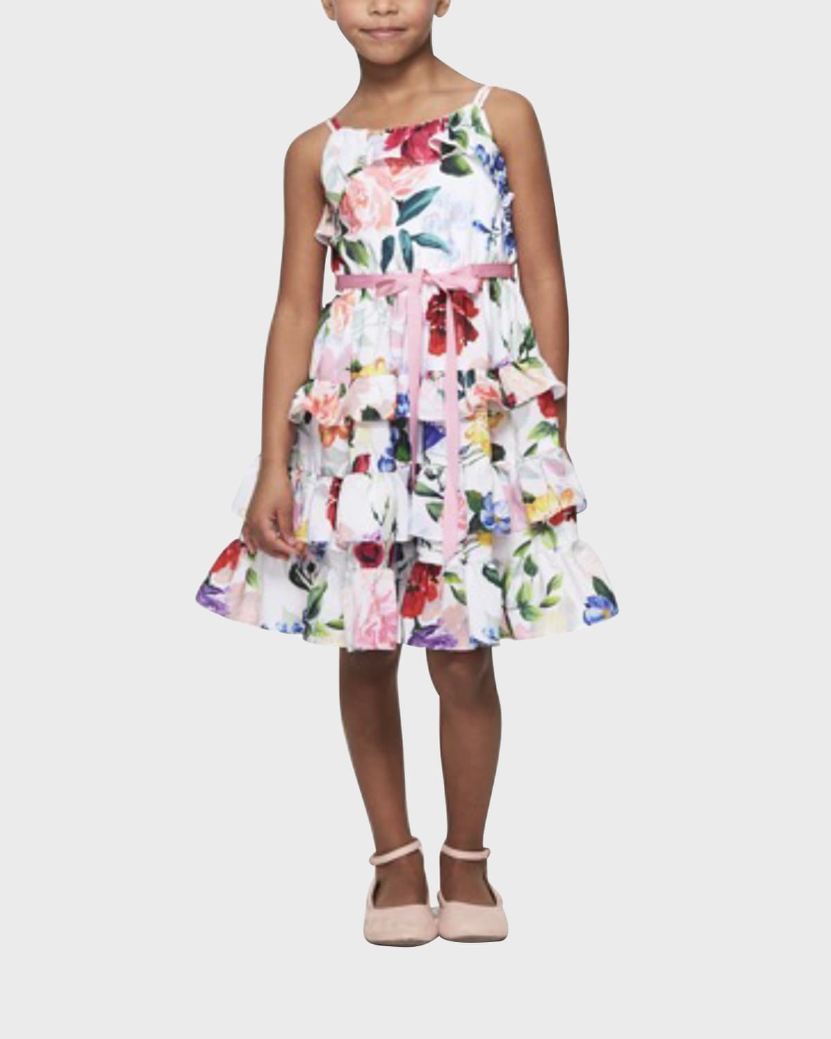 Marchesa Notte Mini Girl's Floral-Print Tiered Ruffled Dress, Size 5-6