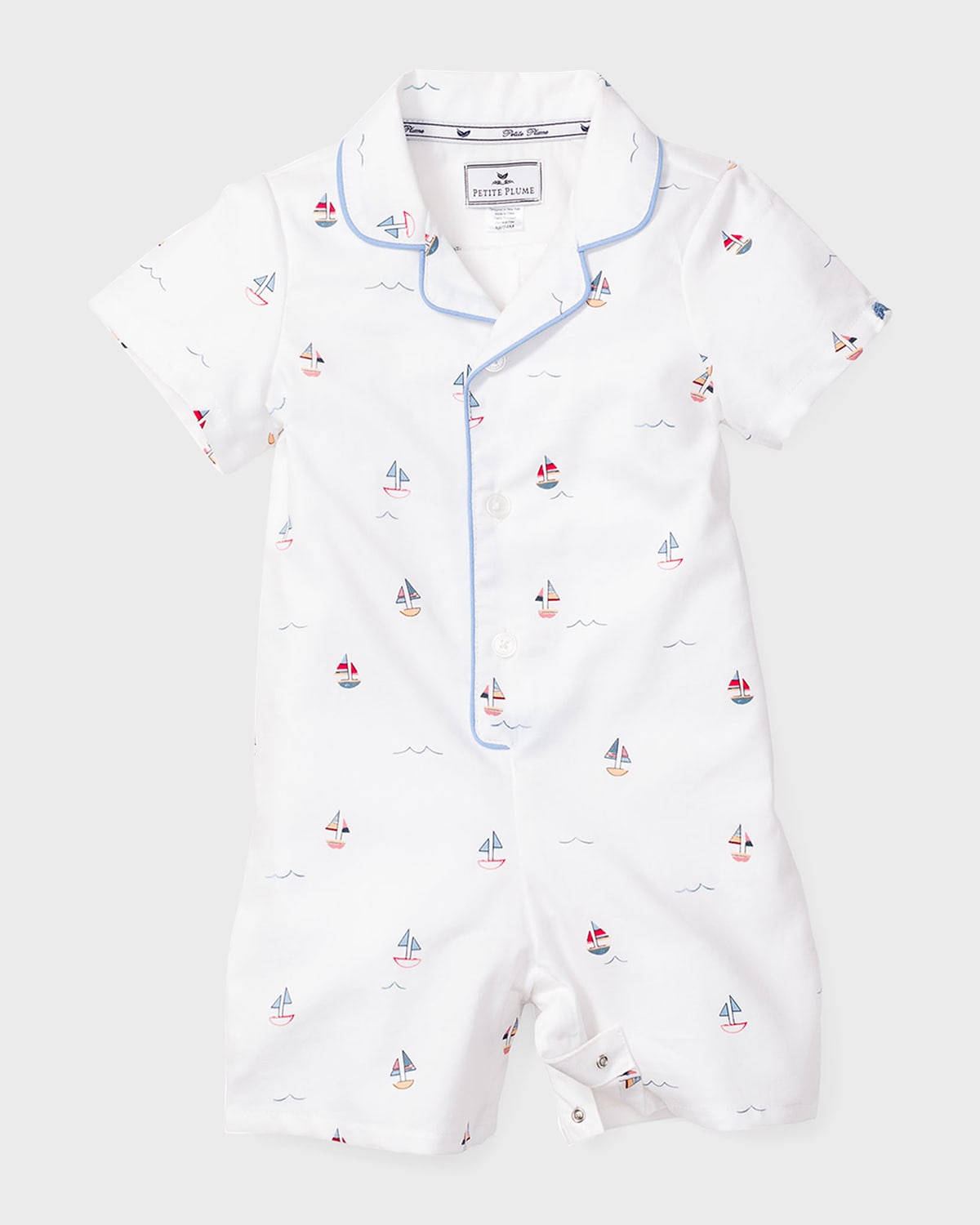 Petite Plume Kid's Sailboat-Print Summer Romper, Size 0-24 Months