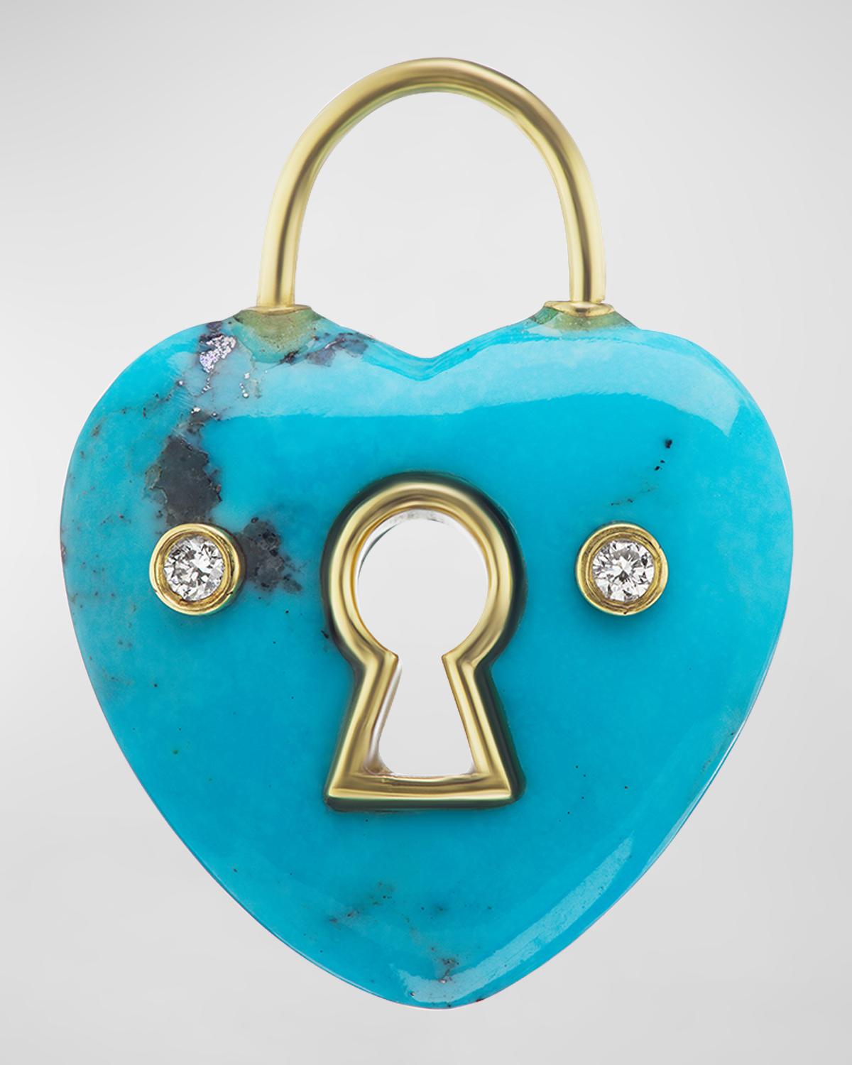 Yellow Gold Turquoise Heart Charm with Keyhole and 2 White Diamonds