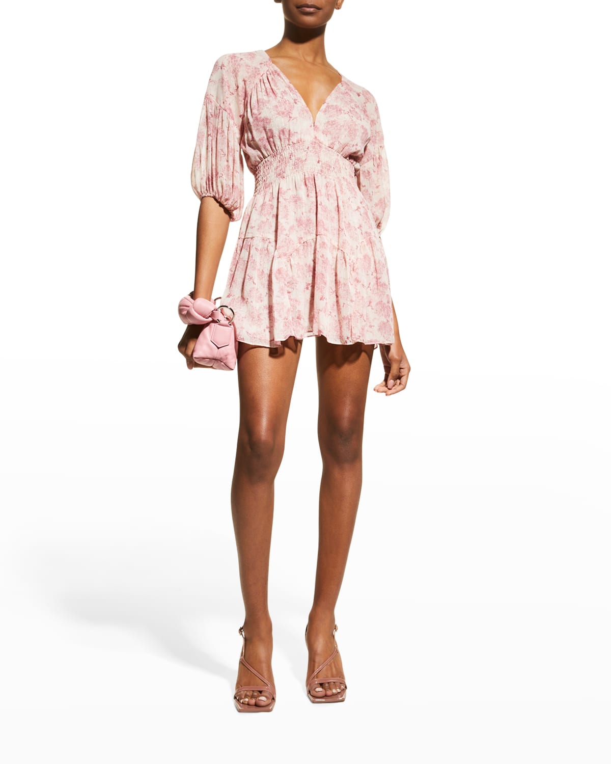 mid pink textured shirred frill puff sleeve midi dress
