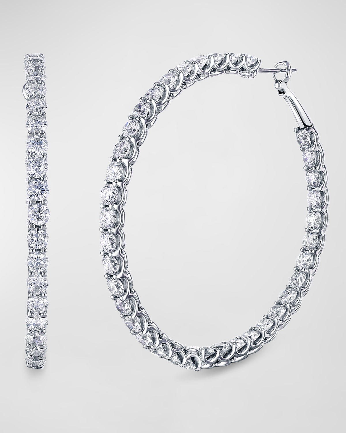 Neiman Marcus Diamonds 18K White Gold Round Diamond Medium Wire Cup Hoop Earrings, 2"L, 11.10tcw