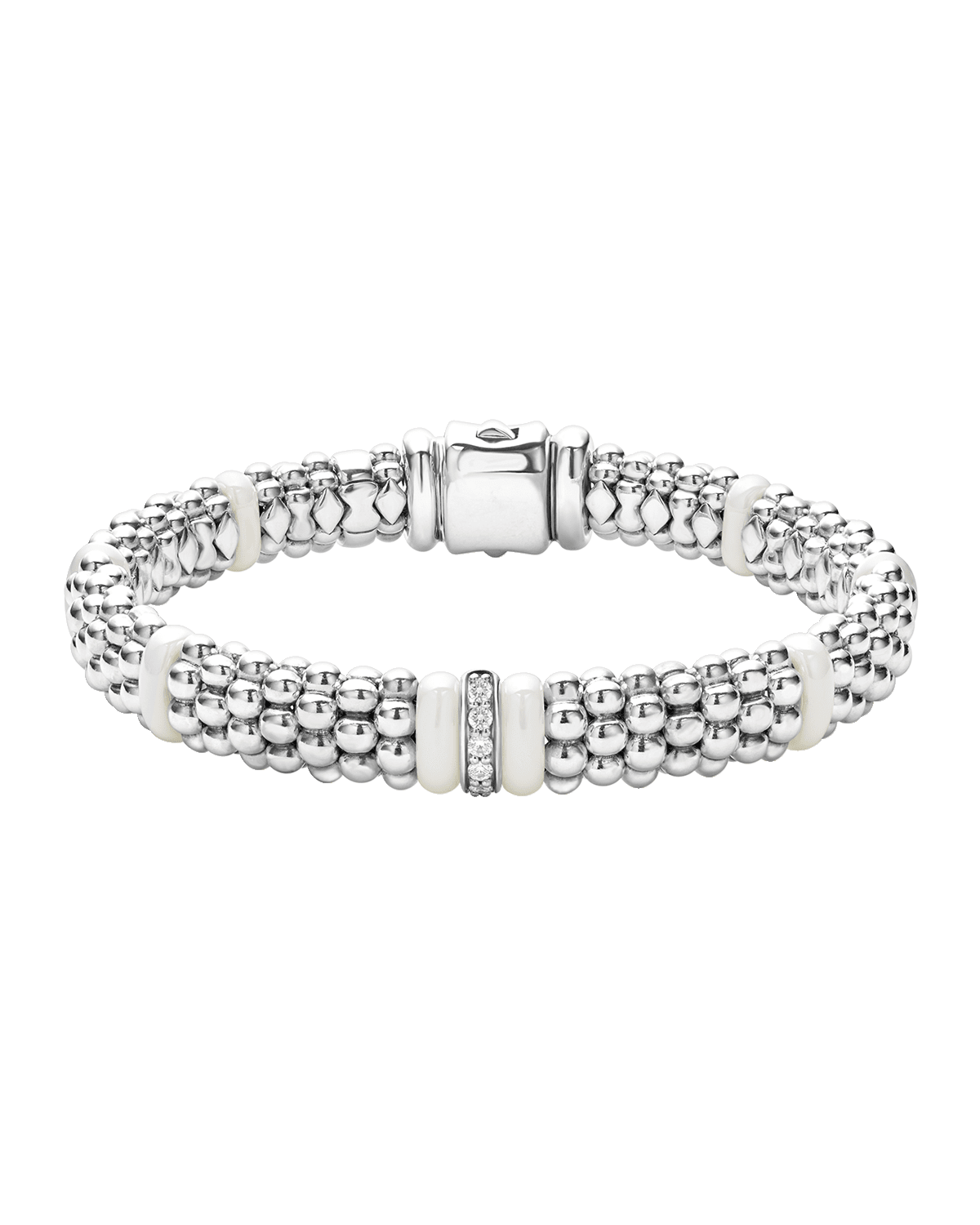 LAGOS Sterling Silver and Gold White Caviar White Ceramic Diamond Link Bracelet