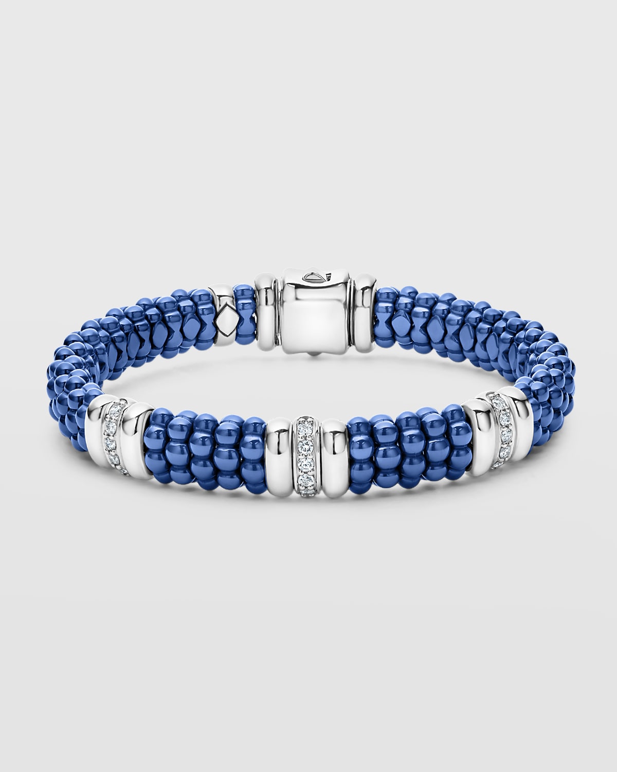 LAGOS Blue Caviar Ultramarine Ceramic 3-Stations with 1-Diamond Row 9mm Rope Bracelet