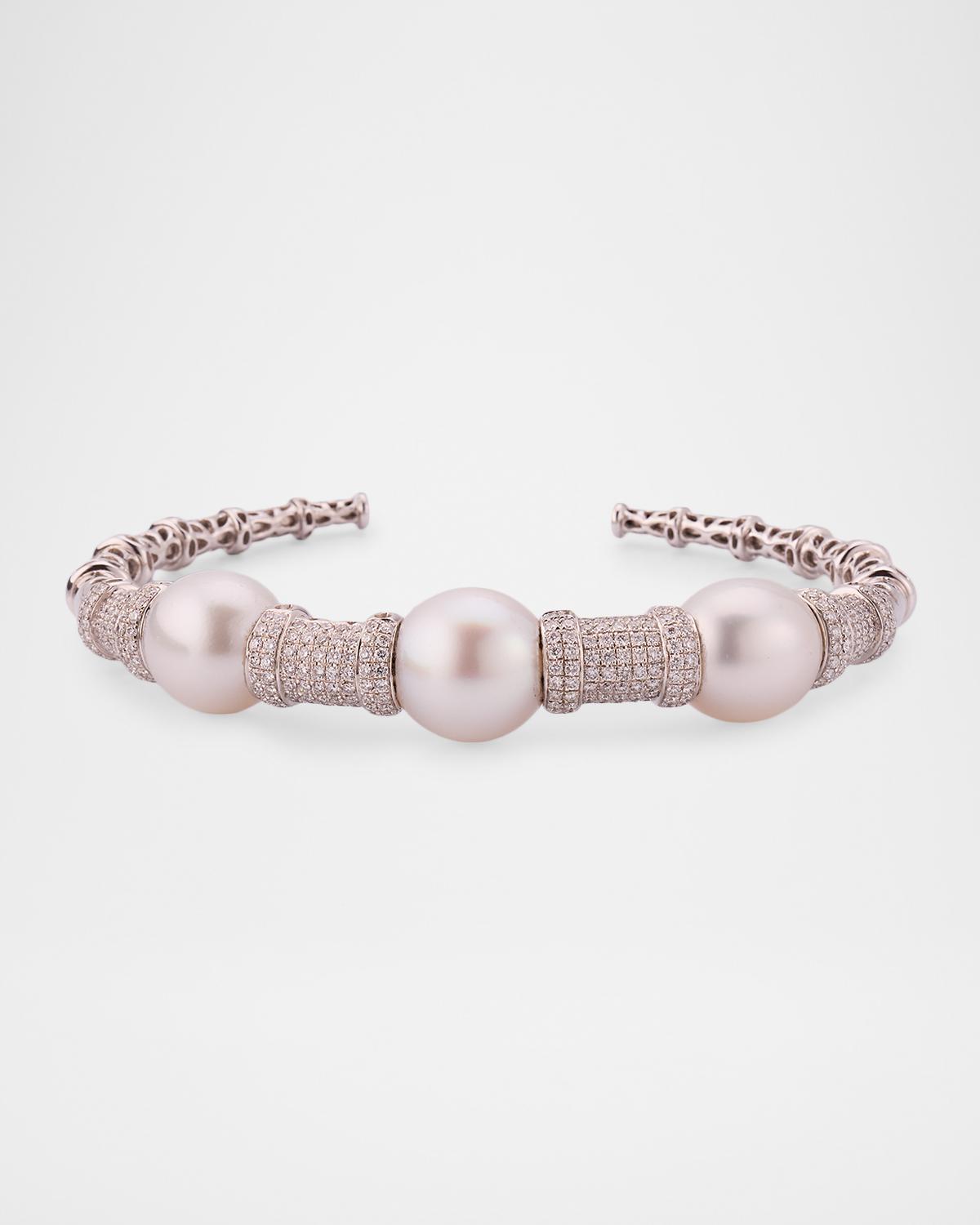 18K White Gold 12.5-13mm Pearl and Diamond Cuff Bracelet