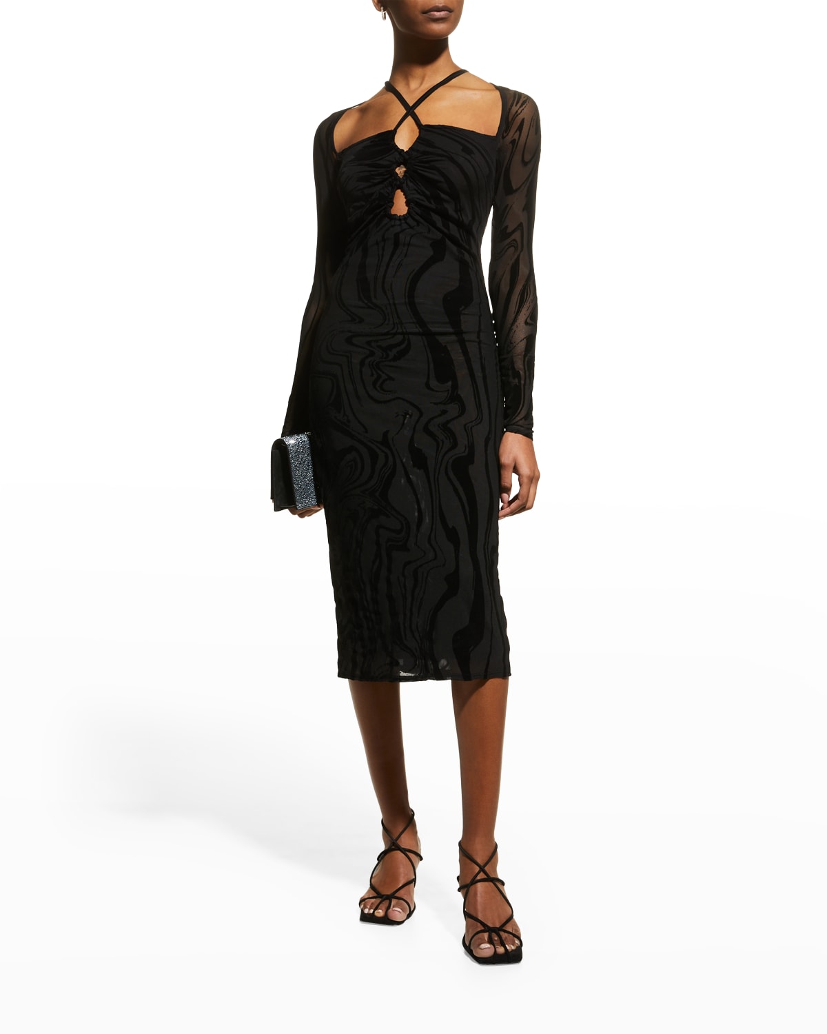 Stylish Jacquard Halter Neck Fitted Waist Open Back Elegant Midi Dress