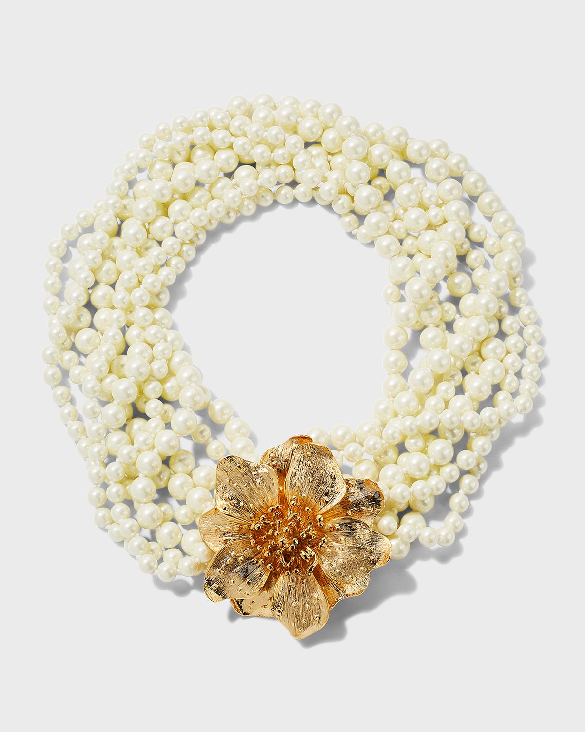 Gold Magnolia-Motif Pearly Necklace