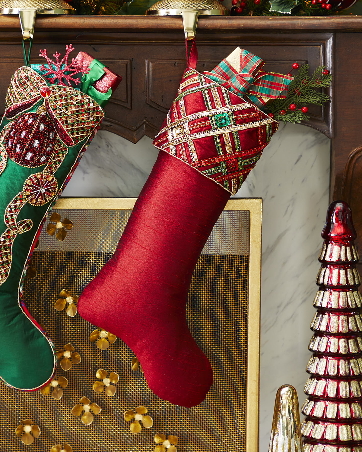 NEW NEIMAN MARCUS Red Cotton Santa Sleigh Reindeer Embroidered Stitch Stocking 