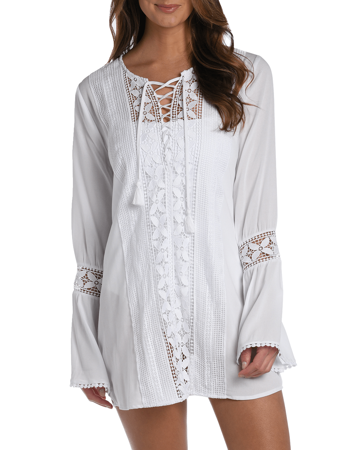 La Blanca Coastal Lace-Up Crochet Coverup Tunic