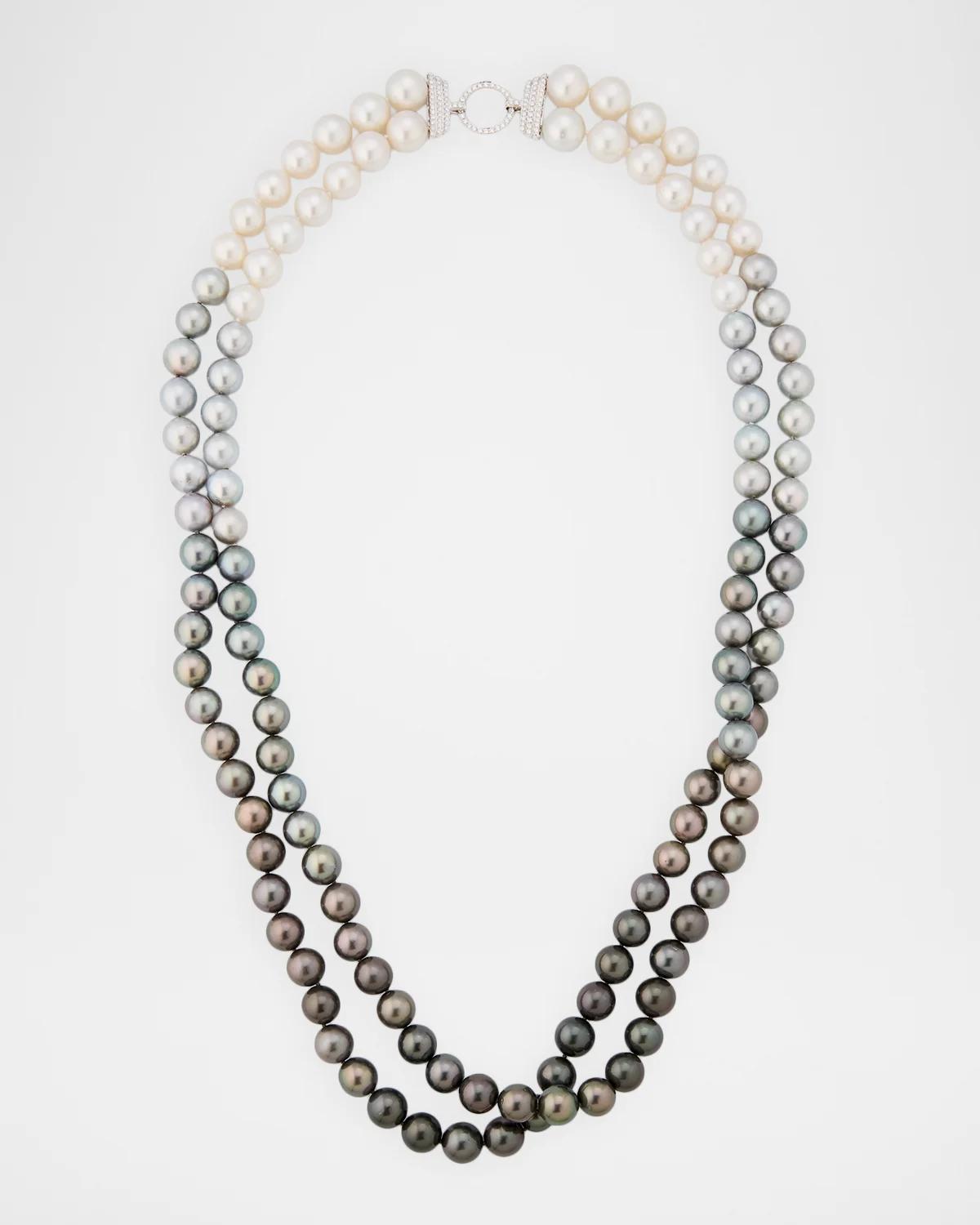 18K White Gold 8-14mm Tahitian and South Sea Pearl 2-Row Necklace with Diamond Jump Ring, 34"L