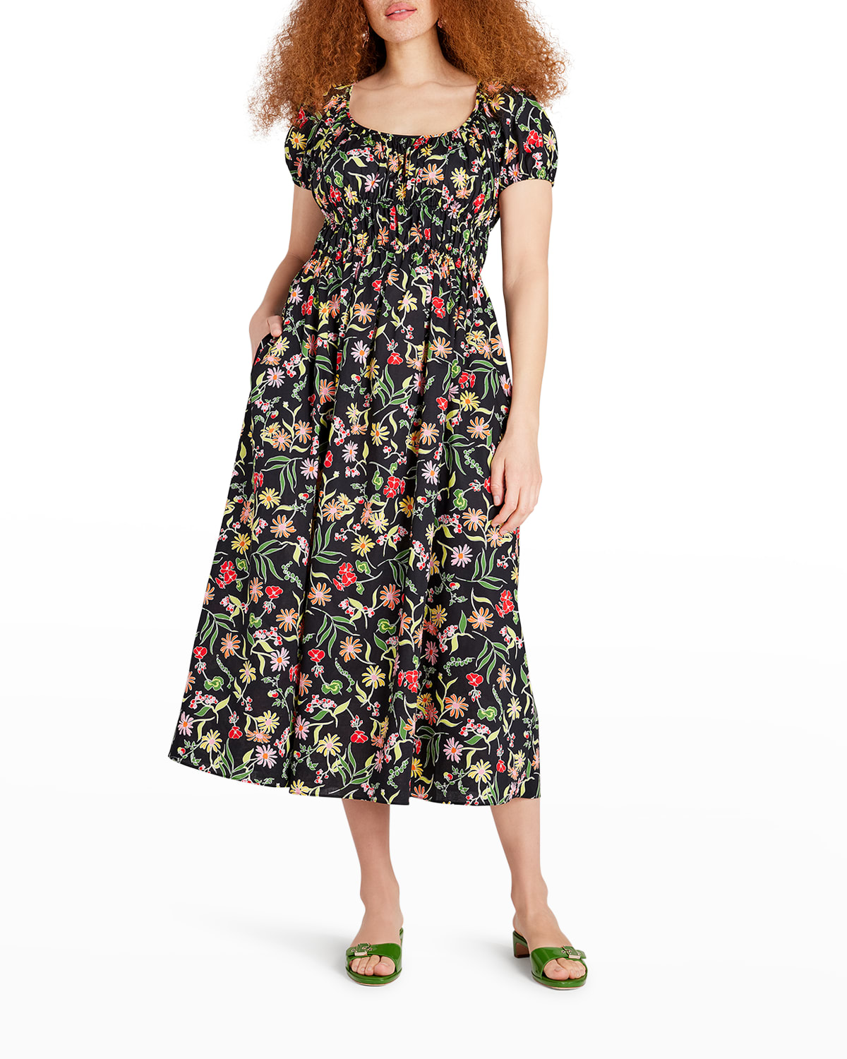 mid pink textured shirred frill puff sleeve midi dress