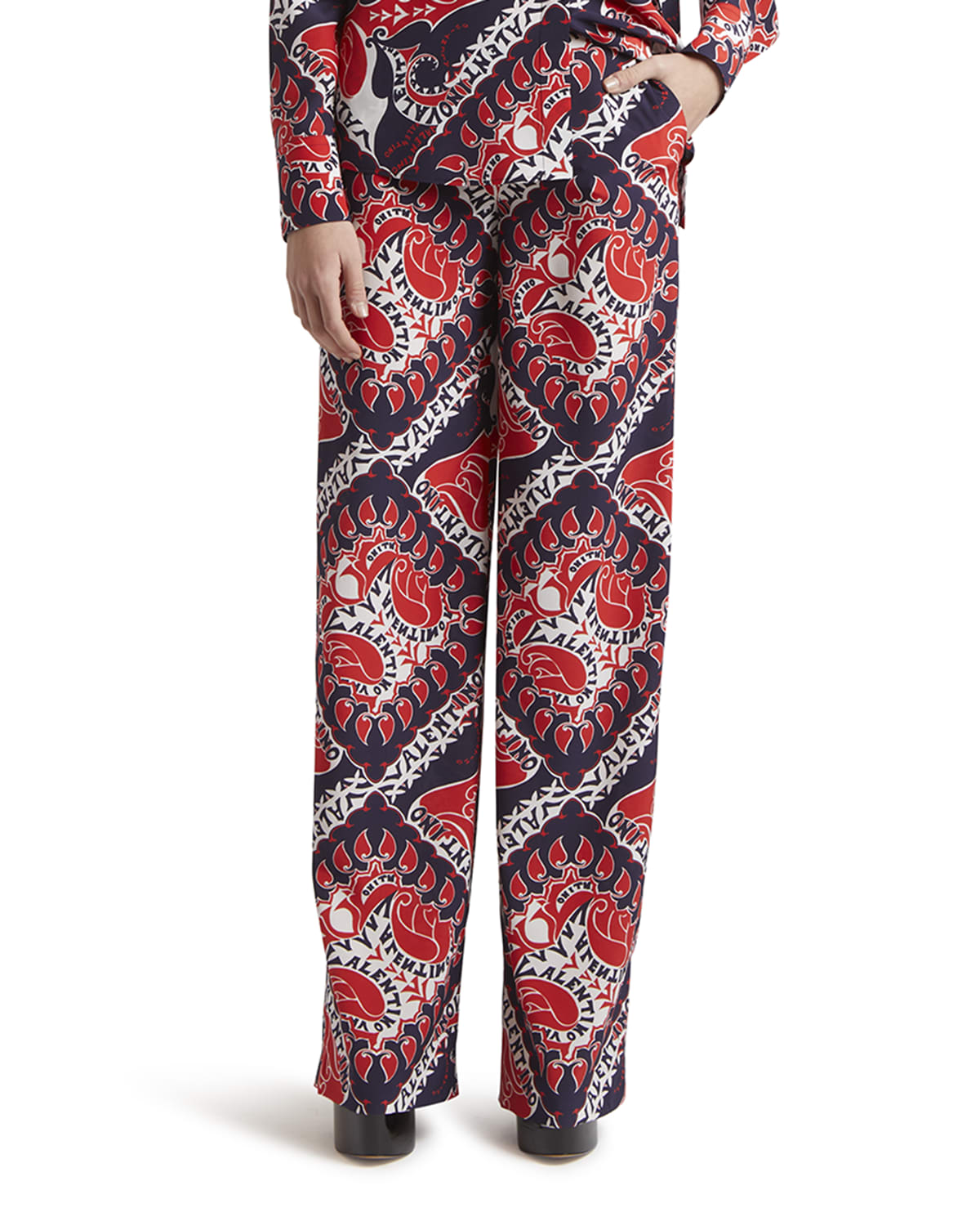 red straight leg trousers