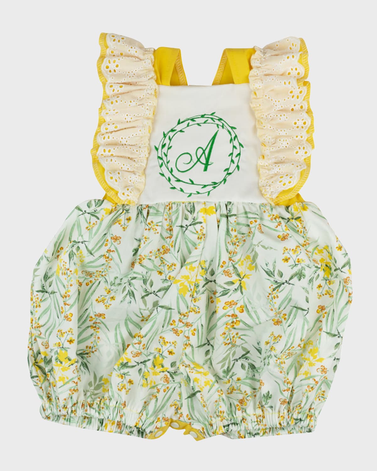 Haute Baby Girl's Ruffle Trim Personalized Romper, Size Newborn-24M