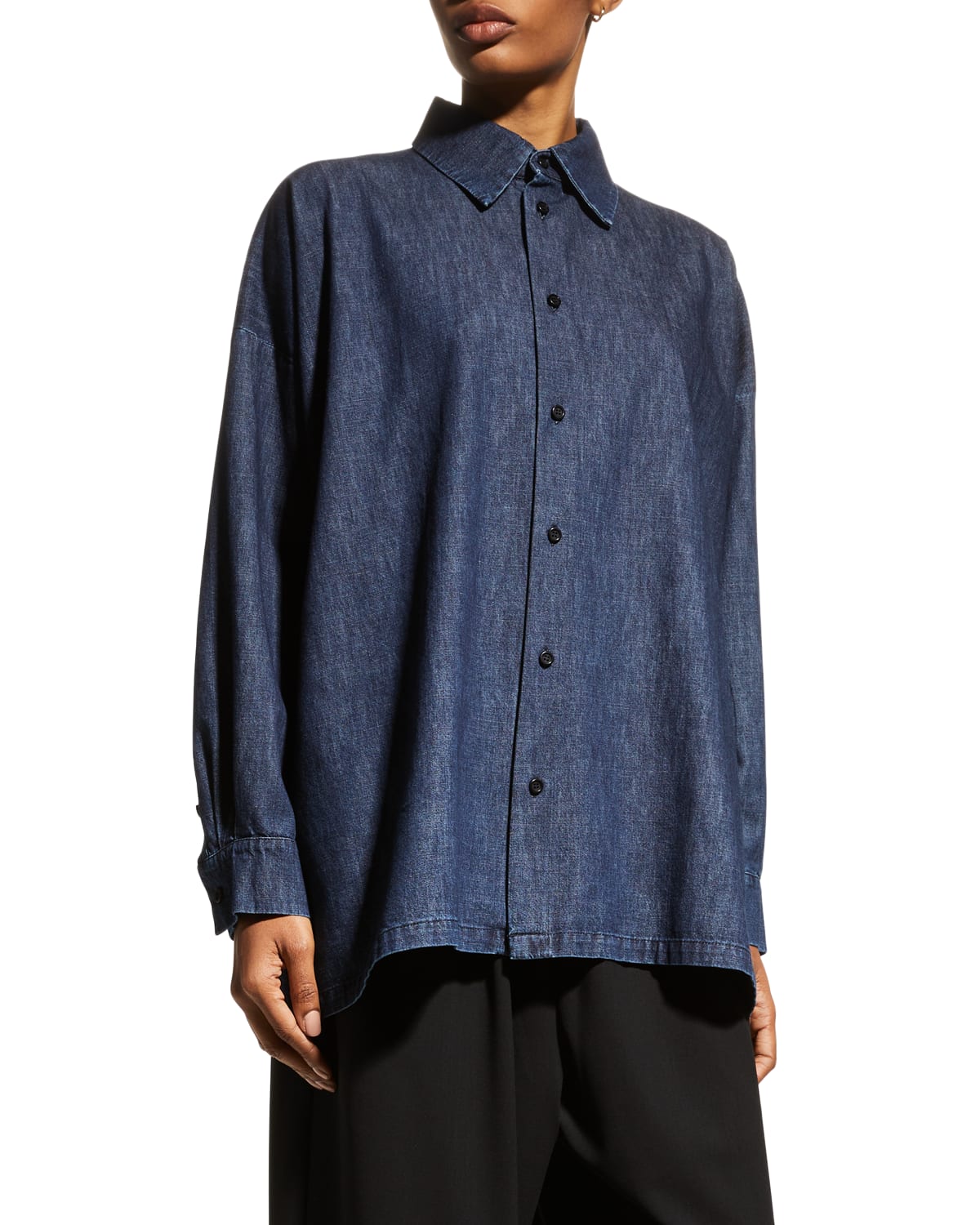 Eskandar Linen Wide A-line Collar Shirt in Navy Womens Clothing Tops Shirts Blue 