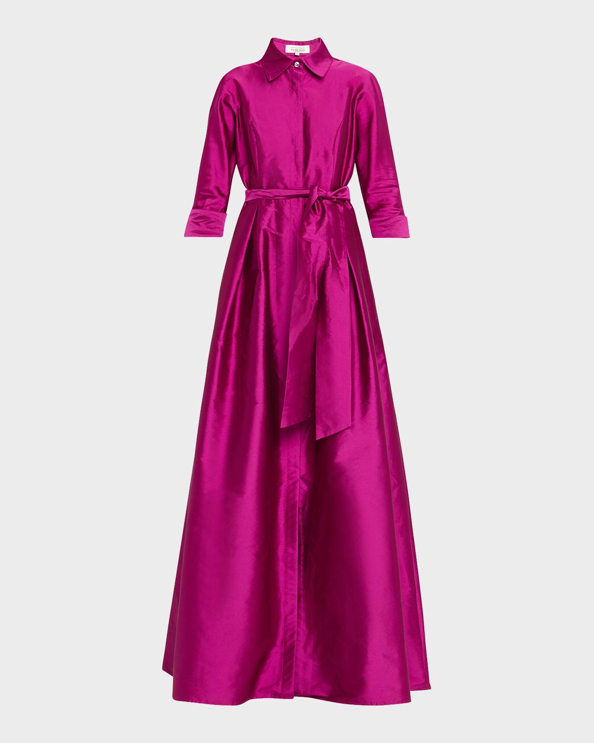 Rickie Freeman for Teri Jon 3/4-Sleeve Taffeta Shirtdress Gown